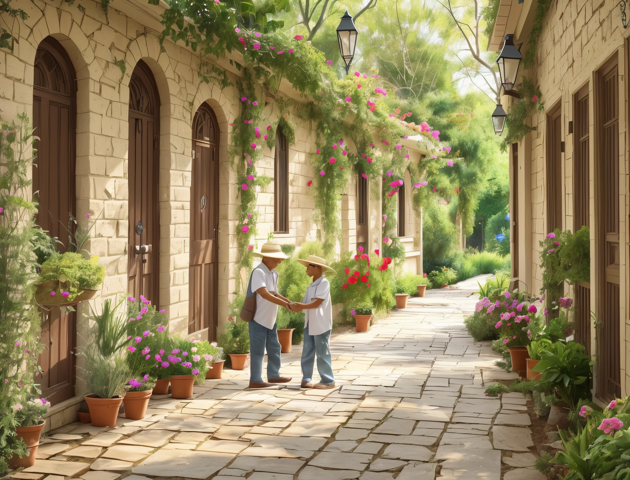 a old man playing with a child in his gardan cartoon style --auto --s2