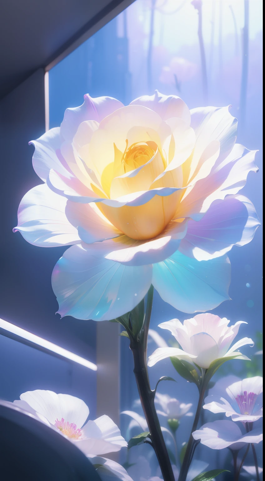 (best quality,4k,highrelooming flower,rainbow,plastic),translucent,gradient transparent glass melt,diffusion,transparent glass texture,rainbow color,designed by Dieter Rams,detailed glowing,white background,industrial design,studio lighting,c4d,Octane Renderer,clean shadows.