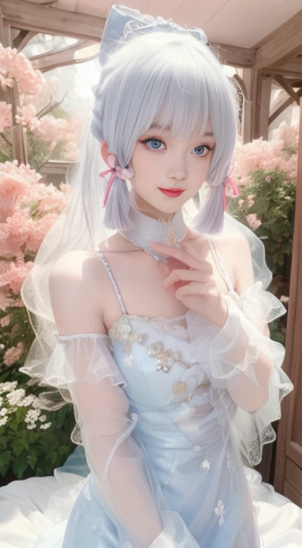 realistically, A high resolution, gentlesoftlighting, (Only 1 piece:1.5)，(1 female 1:1.5), Skin glows, delicate skin, Very revealing，Alone, Lift your hips slightly, looking at the viewer only, laughing joyfully，(Detailed faces), White hair, high ponytails，Pink hair accessories，Long white hair，blue color eyes, White transparent tulle，The background is the garden（Bloom full of roses）