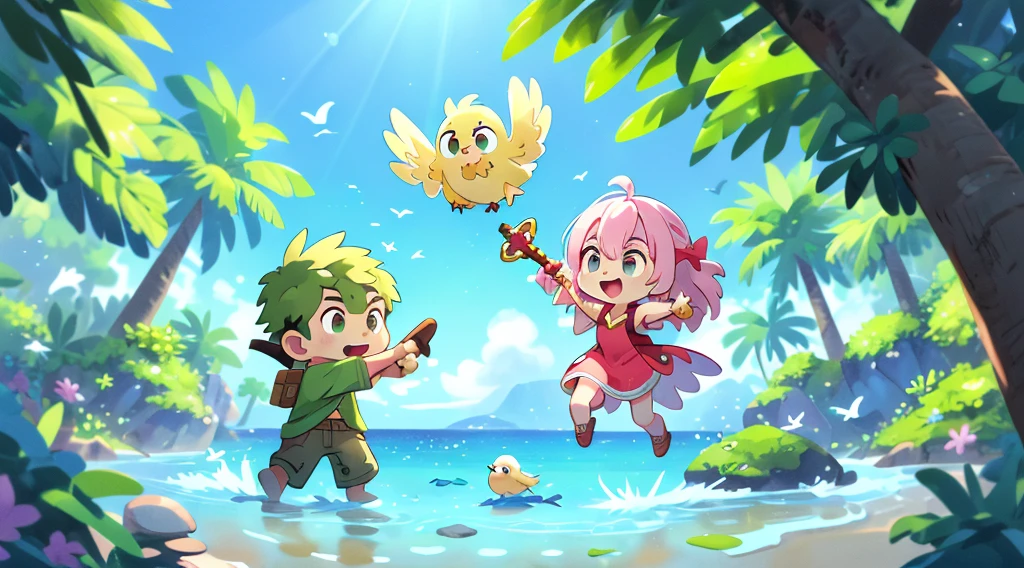 Male and female,,Magical style,magia,Game combat promotional image,holding a weapon,Multiple people on the same screen,Multiple roles,interaction,ssmile,Hilariously,Expose the whole body,Cute little animallock of Birds,((tmasterpiece)),Best quality at best, (8K, Best quality at best, tmasterpiece:1.2), ultra - detailed, illustratio, bigger_Scenes, 3D_Scenes,sea beach,rays of sunshine,
