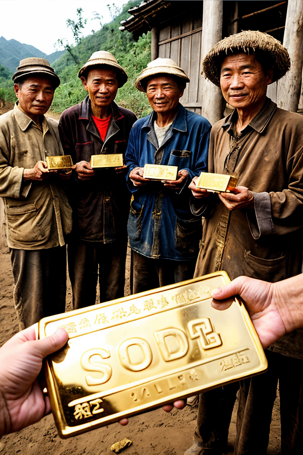 A group of old Chinese farmers wearing dirty and torn clothes holding gold bars in their hands。Dirty environment，Everyone is happy and tall，Perfect facial features，Perfect hands，Ultra-high resolution