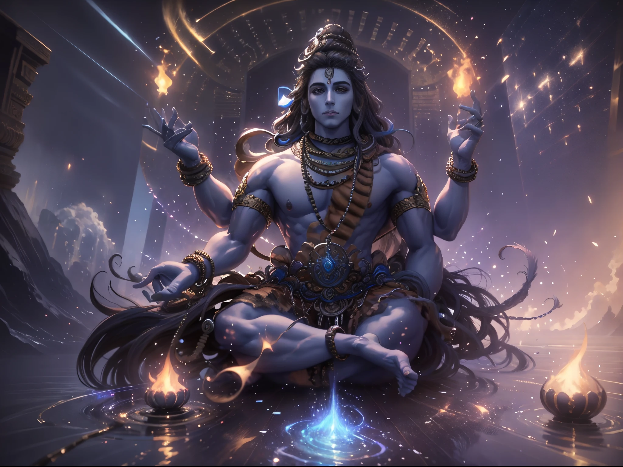 Create an enchanting and serene illustration of Lord Shiva, the Hindu deity known as the supreme yogi, deep in meditation in a mesmerizing open space. Picture a picturesque river flowing horizontally behind him, adding a harmonious touch to the scene. Capture the essence of Lord Shiva’s divine presence, his calm and focused expression, and the powerful aura surrounding him. Illustrate the flowing river with intricate details, reflecting the gentle movement of the water and its tranquilizing effect. Incorporate elements such as the crescent moon on Lord Shiva’s matted hair, his third eye, the sacred serpent wrapped around his neck, and any other symbolism that represents his divine attributes and characteristics. Extremely detailed, hyper detailed, 8k, 16k resolution, highest details available, award winning illustration, give attention to the details of face, hands and legs