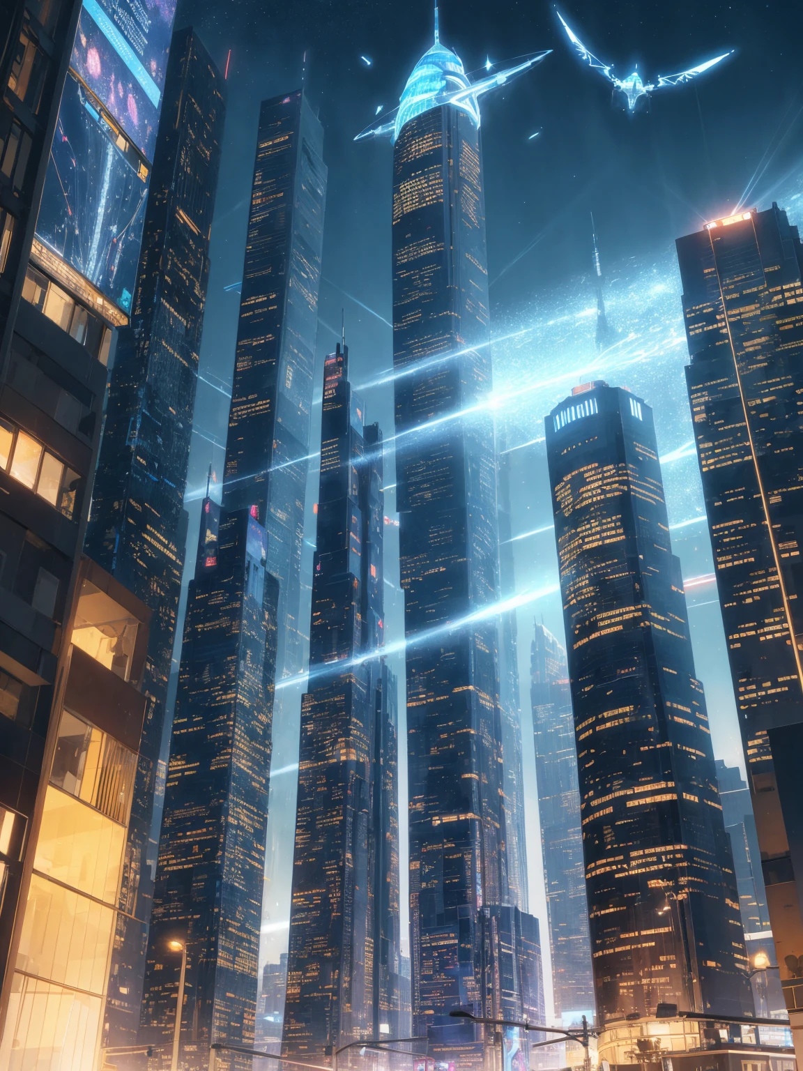 Cosmic Cityscape, Intricate skyscrapers with unique architectural details and glowing windows, Futuristic flying cars with sleek, aerodynamic designs. Cosmic backdrop featuring galaxies, stars, and cosmic dust.