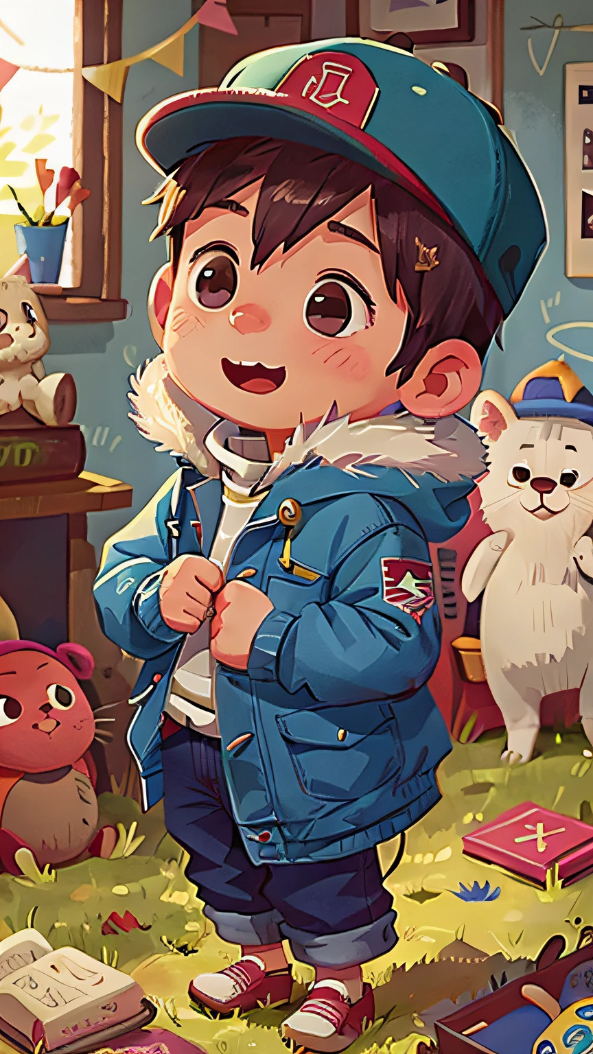 A little boy with,winter meadow,blue cotton coat,baseball cap,cheerfulness,perfectquality,Clear focus(Clutter - home:0.8), (tmasterpiece:1.2) (realistically:1.2) (bokeh) (Best quality at best) (delicate skin:1.3) (Complicated details) (8K) (Delicate and sharp eyeliner),(having fun)