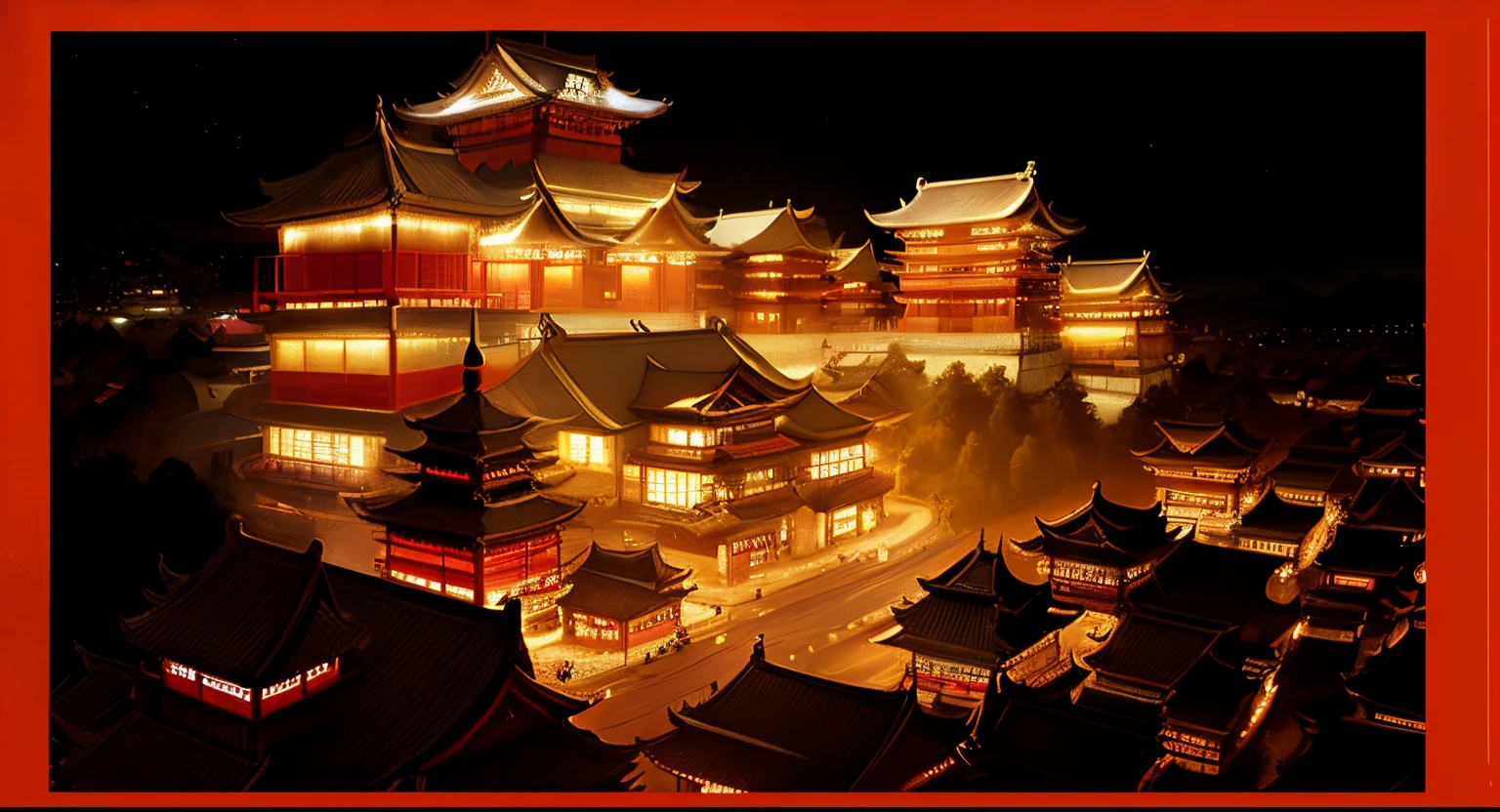 night scene of a city street with a full moon in the sky, Ancient Chinese castles, digital painting of a pagoda, Dreamy Chinese town, high quality digital painting,
