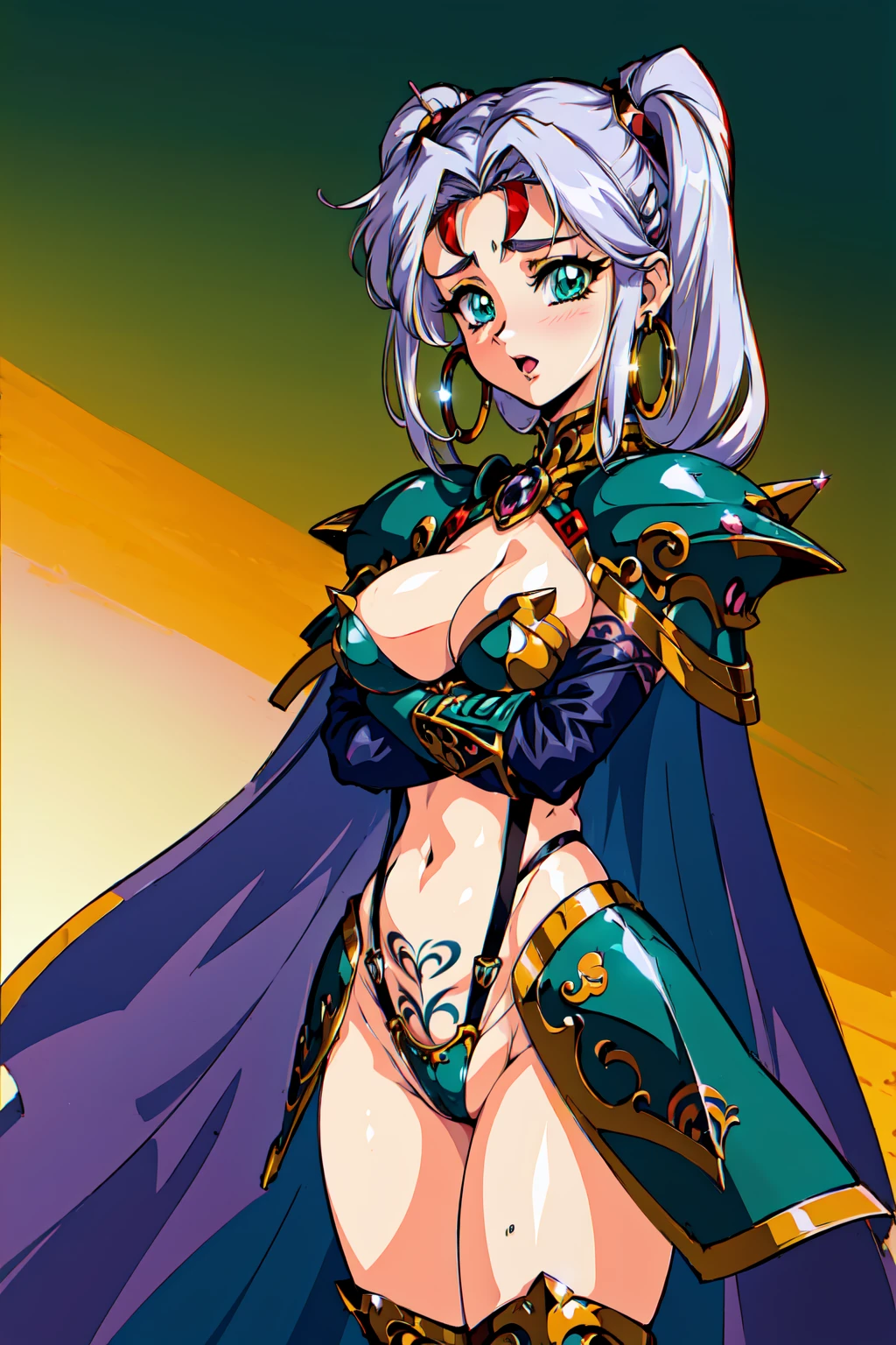 "(masterpiece:1.1), best quality,
1girl, (80s anime style:1.3), (eyelashes:1.5), (:1.2),
(intricate high detailed body:1.2),
(silver hair:1.1), (hair slicked back:1.2), (twintails, wavy hair:1.1), (headband:1.2),
green eyes, (lip stick:1.3),
(curvy body:1.1), (gigantic breasts:1.1),
(shy:1.2), (blush:1.1), open mouth,
(golden embroidery bikini armor, tattoo:1.2),
(spiked knight armor, armored boots, capelet:1.2), (suspenders:1.1), (hoop earrings:1.1), neckwear,
standing, crossed arms,
(upper body, cowboy shot, looking at viewer, from front:1.1),
(daytime, grassland, outdoors:1.1)"