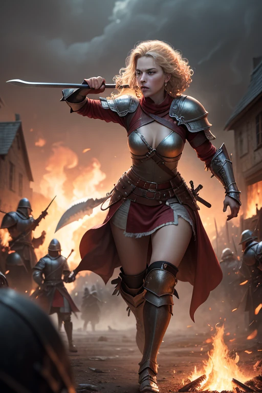 dnd art, dark fantasy, full-body shot, 1 beautiful viking warrior (blonde curly hair:1.2, braided) with small breasts, leather viking armor, armed with axe and shield, fighting against a medieval knight enemy, dynamic pose, burning medieval village in the background with fire and smoke, chaos, battlefield, filmischer Hintergrund, (Meisterwerk:1.2), highres