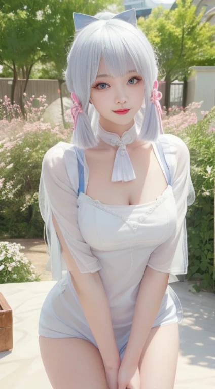 realistically, A high resolution, gentlesoftlighting, (Only 1 piece:1.5),(1 female 1:1.5), humongous large breast,Full,Skin glows, delicate skin, Alone, Lift your hips slightly, looking at the viewer only, laughing joyfully,(Detailed faces), White hair, high ponytails,Pink hair accessories,Long white hair,blue color eyes, White transparent bandeau,Clothes are transparent,The background is the garden(Full of colorful roses)