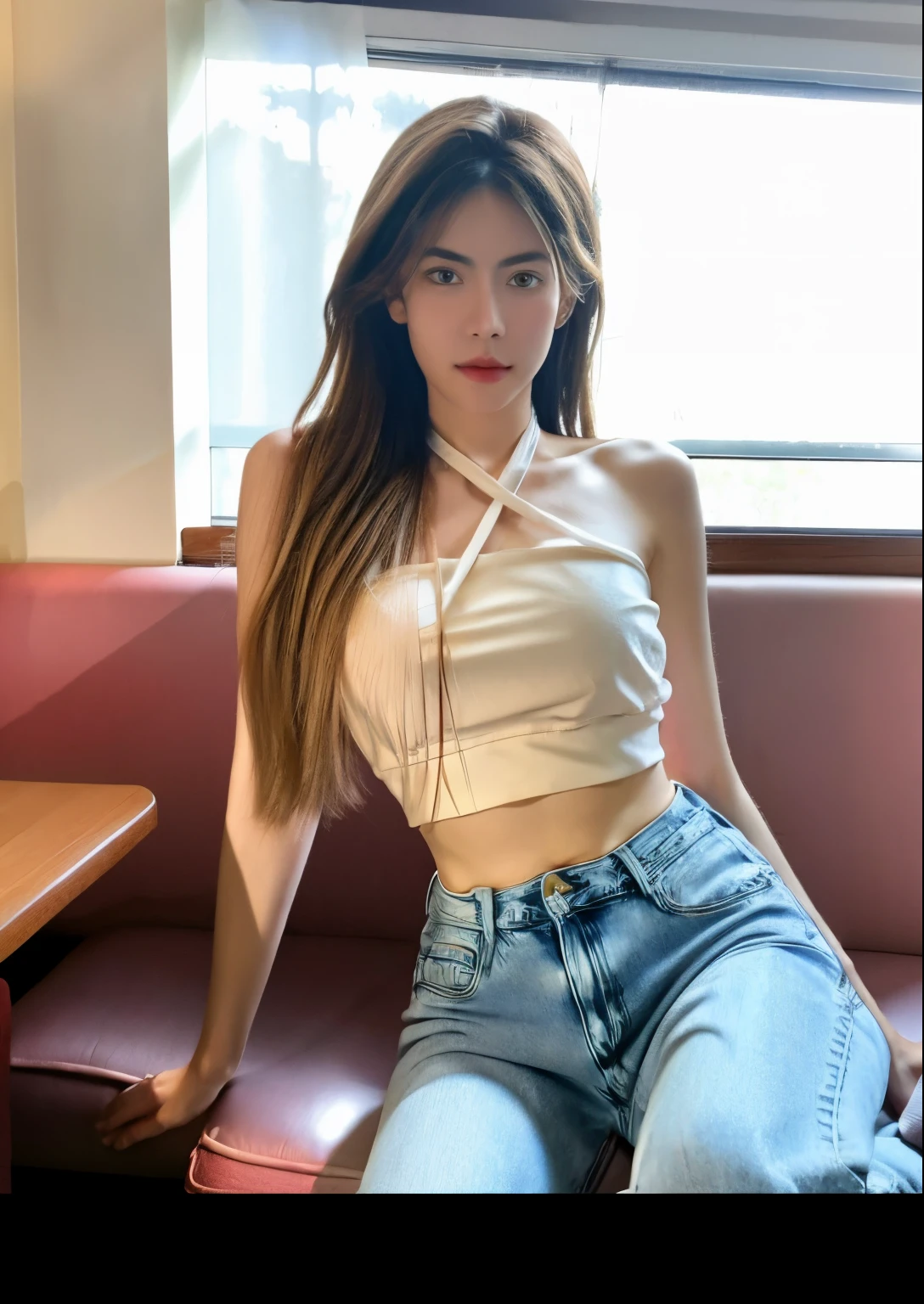 ((nsfw)), 8k, RAW photo, best quality, ultra high res, photorealistic, realistic photo of a girl wearing a croptop, bare shoulders, jeans, sitting in a diner, beautiful, detailed face, detailed, highres, realistic, photorealistic, full body, head to toe, legs, matte skin, pores, wrinkletremely detailed CG unity 8k wallpaper), photo of the most beautiful artwork in the world, professional majestic (photography by Steve McCurry), 8k uhd, dslr, soft lighting, high quality, film grain, Fujifilm XT3 sharp focus, f 5.6, High Detail, Sharp focus, dramatic, (looking at viewer:1.2), (natural light) nude, after sex, creampie