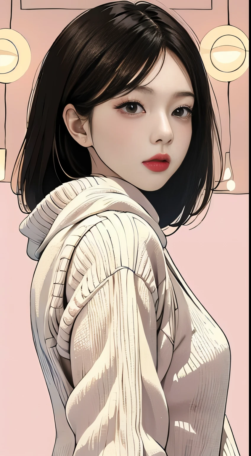 (masutepiece,best:1.4),light effect,superclear, Haute，Ultra Definition Images, (Front face) Solo, Kim Ji-ni Jennie face，black ball head，Wear a knitted sweater，knit show toronto face，ID photo，white backgrounid