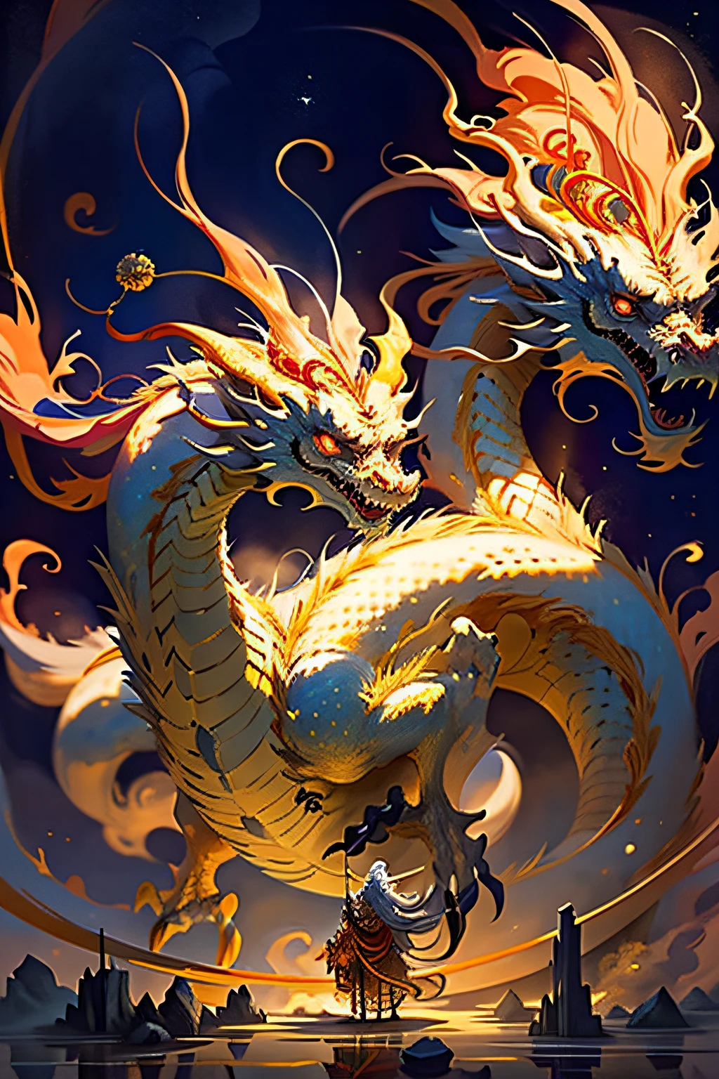 With a golden theme,Best quality at best,tmasterpiece,超高分辨率,Japanese dragon,Climb into the sky、Clouds clouds、(longing for big breasts:1.2),(finely:1.2),Long gray haing,red eyeucktooth,immensity,A bird,outside of house,Stood up,rolled in hops,jumpping,Claudia,from back,armour,sky sky,with her mouth open,faceoff,Gather strength,Ogre,White hair,buliding,vale,(The texture is very real:1.2),(Glowing colorful scales:1.2),(Real details:1.2),north african free trade area,Ultra-detailed 3D modeling,like tim burton、dale chihuly、Xiaolongcheng、Cyril Rolland and Writer,Small etc.. Giger’s painting style is equally magical。Light and shadow intertwined,produce great results。
