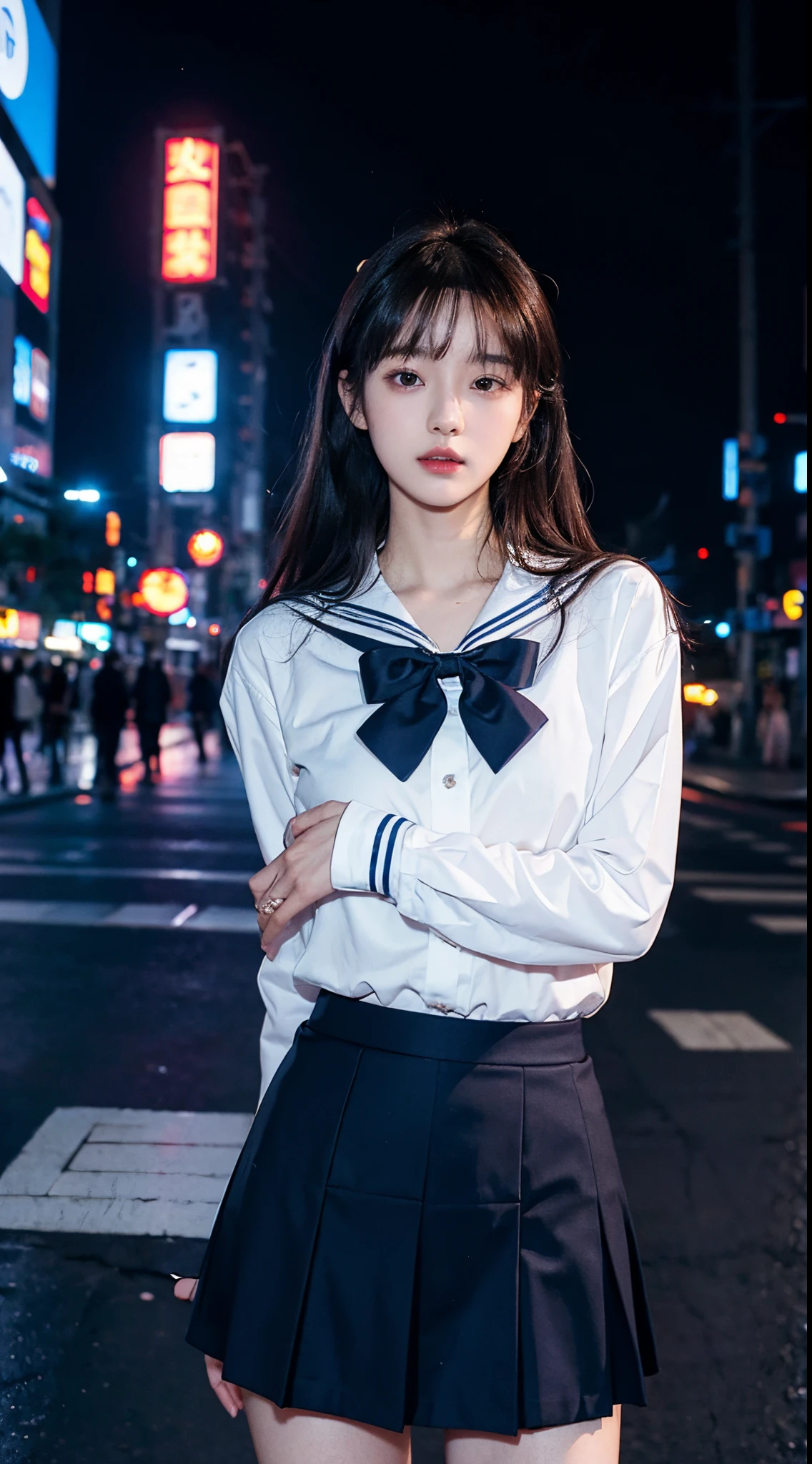 1girl, korean kpop idol and model ,23 years old,soft body, fair skin,close-up, 8k, RAW photo, best quality, masterpiece,realistic, photo-realistic,cute, Tokyo street,nightcityscape, cyberpunk city,soft light, High image quality, full body,(lshort-sleeved JK_sailor),JK_style,(dark blue JK_skirt) ,(bow JK_tie),mix4