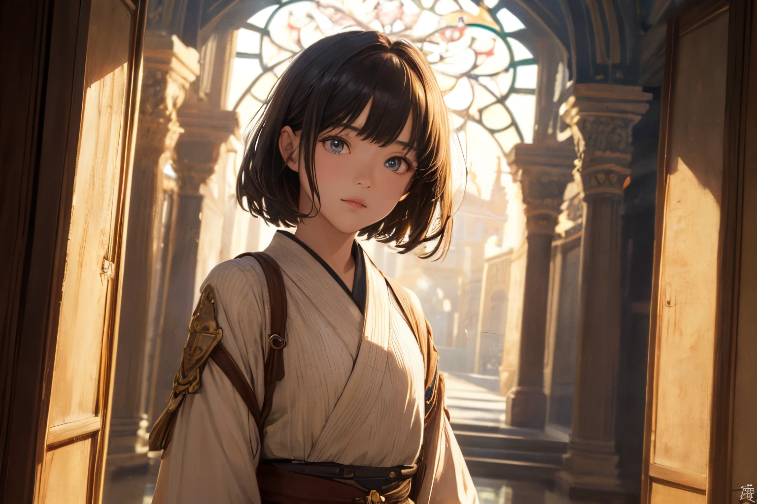 1girl in, (((shorth hair))), jugendstil,(​masterpiece, top-quality, Near and far law, depth of fields:1.5), beautiful countenance, 8k, Raw foto, HDR, Photorealsitic, film grains, chromatic abberation, hight resolution, ultra-detailliert, finely detail, 动态照明, Dramatic lighting、shadowy、extremely detailed eye and face、Round pupils、Realistic pupils、clean back ground