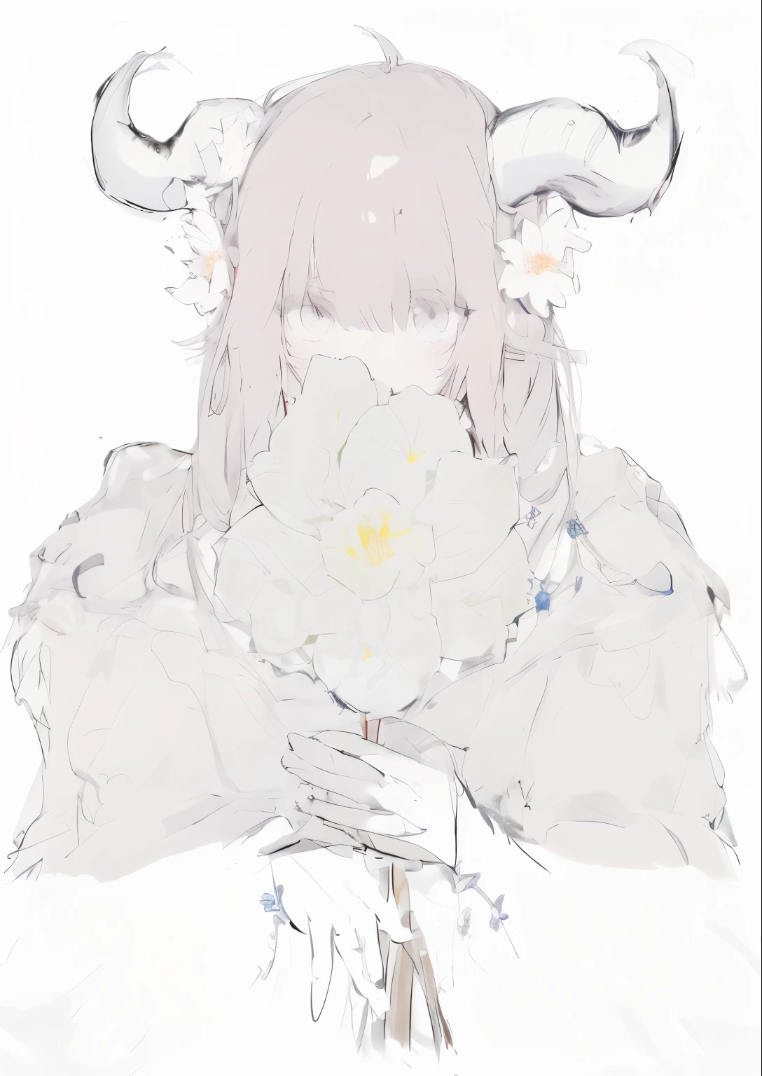 Anime girl with horns holding a flower in her hand, Soft anime illustration, detailed but rough, with frozen flowers around her, hold a flower, author：Yukika Kamisaka, faded pictures, By Ei-Q, Lolish, by kamaguka, Aimeijin, through new arts, By Prue, pale nipples!, guweiz