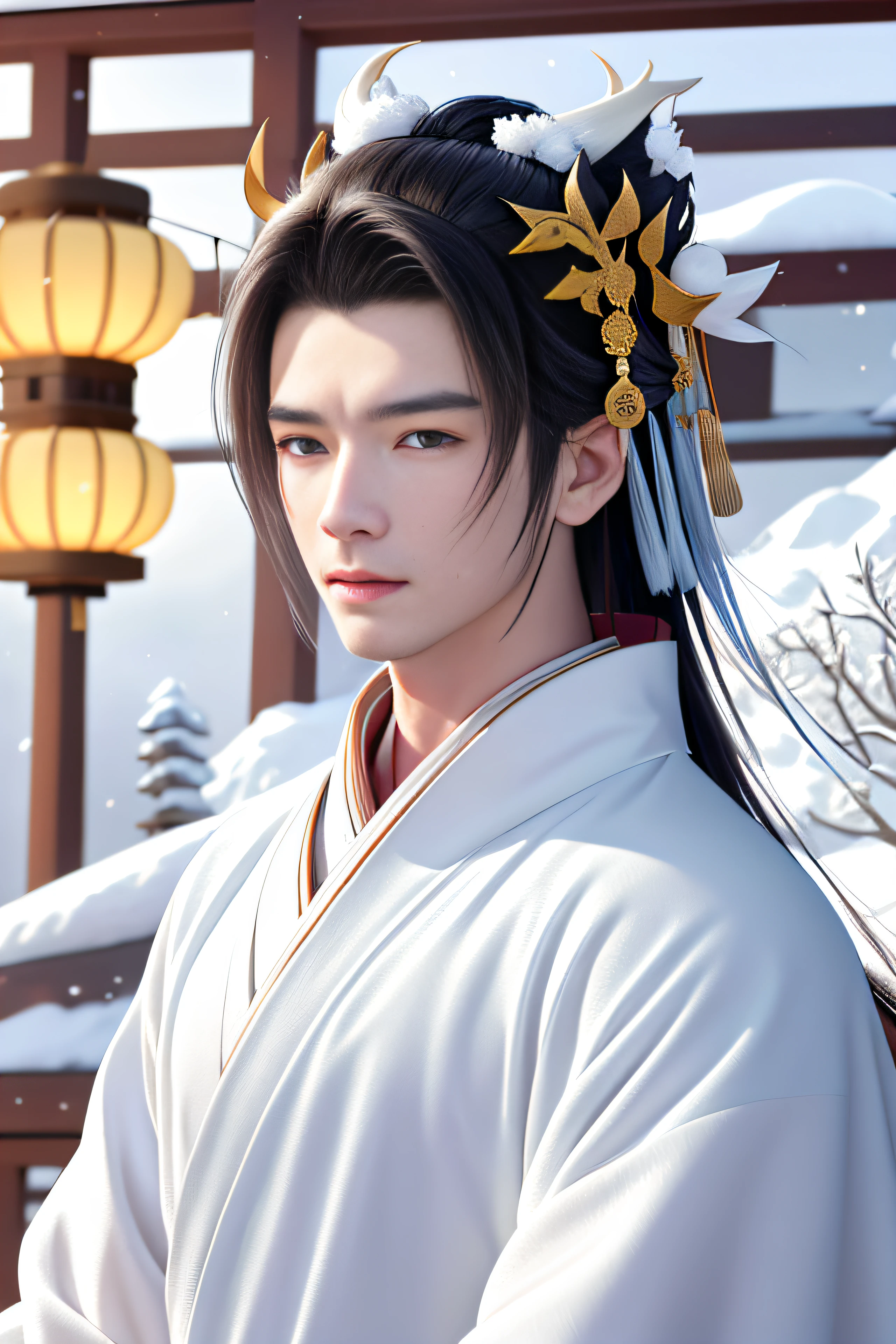 25 years old young man, whole body, portrait of an onmyoji, detailed art of the onmyoji, (((onmyoji))), handsome fantasy emperor, man in Chinese traditional style dress standing in the snow with snow on the background, snow, photorealistic painting, art photo, ultra high resolution, (photorealistic: 1.4), masterpiece, sharp lines, vivid colors, beautiful eyes, detailed face, perfect hands, perfect eyes, perfect skin, wearing white long robe, ((wearing a white tate-eboshi)), looking into the distance, serious expression