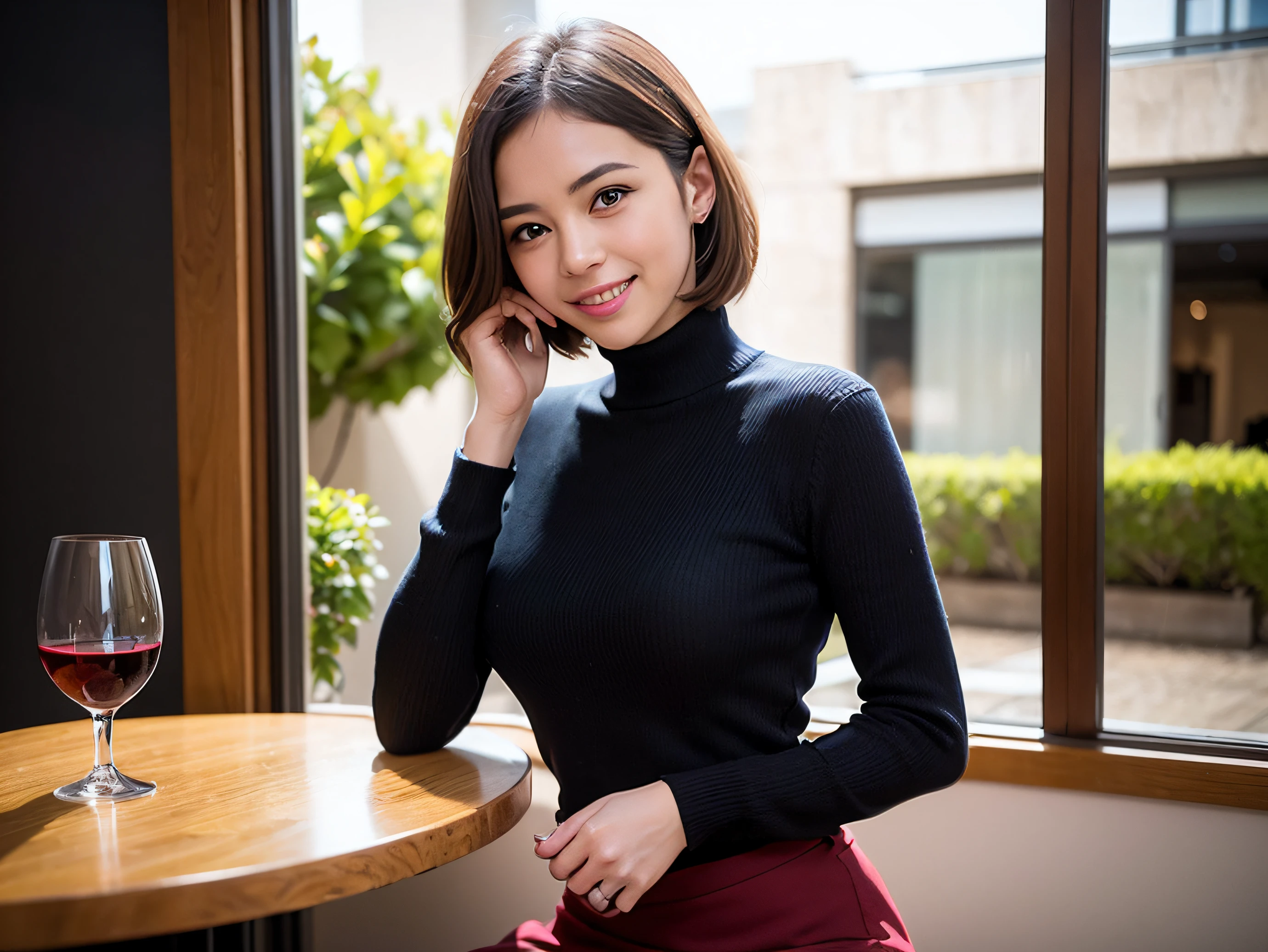 (64k uhd、nffsw、top-quality、​masterpiece:1.2)、(realisitic、Photorealsitic:1.37)、ultra-detailliert、Lovely woman with a smile、wine glasses、enjoying a glass of wine、a matural female、Two pretty women、(Slim Faces)、(Slim body)、（brawn hair）、(short-cut)、smiling french woman、happy italian girl、British woman、Americana、blush a little on the cheeks、(44 years old)、38 years、red wine、A beautiful and detailed night view spreads out outside the window..、resturant、Wine glasses in a prominent place、natta、(from waist up)、sitting on、date、(A smile:1.15)、Beautiful detailed eyes、Cashmere sweater、long-sleeved dresses、japanes、(short-hair:1.2)、Float NovaFrogStyle、、modeled、from waist up、white wine、Slimed、wine glasses、Super beautiful night view、Put the wine glass in the middle、Happy smile、(8K、Raw photography、top-quality、​masterpiece:1.2)、(realisitic、Photorealsitic:1.37)、ultra-detailliert、超A high resolution、2 females、see the beholder、beautifull detailed face、A smile、Constriction、(Slim waist) :1.3)、knit shirt、Beautiful detailed skin、Skin Texture、floated hair、professional light needle breast、eyes gentle