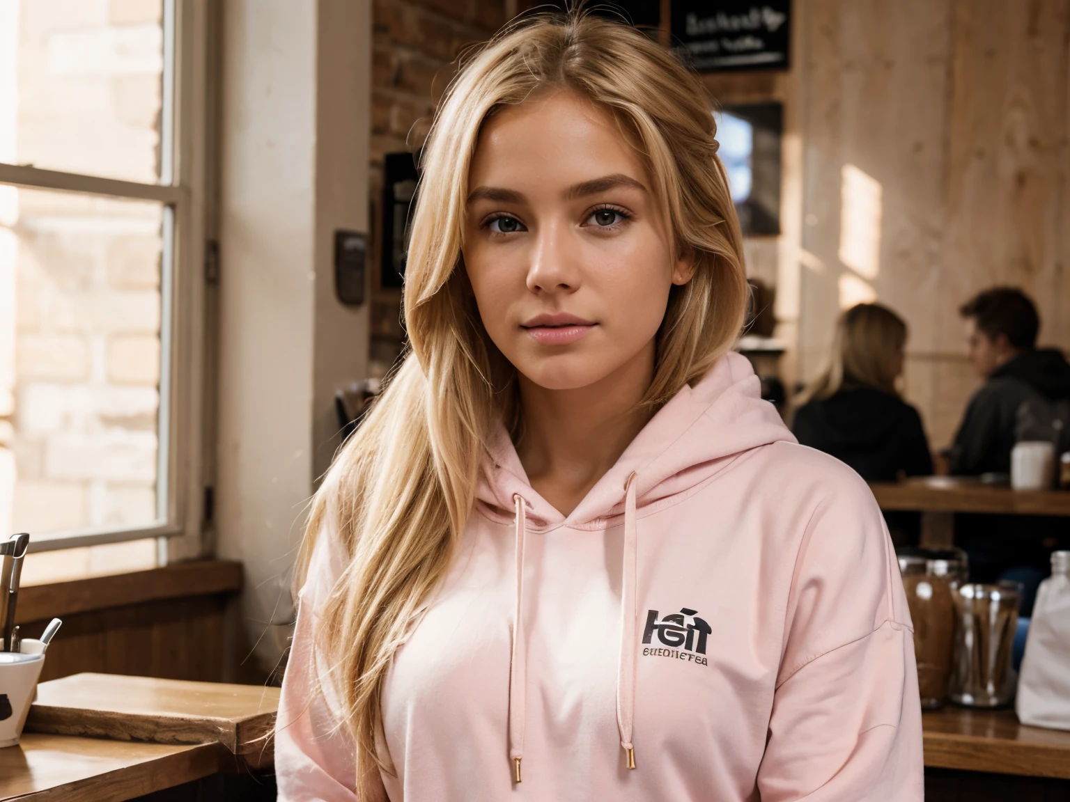 ultra-detailed, blond hair, highest quality, perfect body, shy, in coffee shop, wearing light pink hoodie