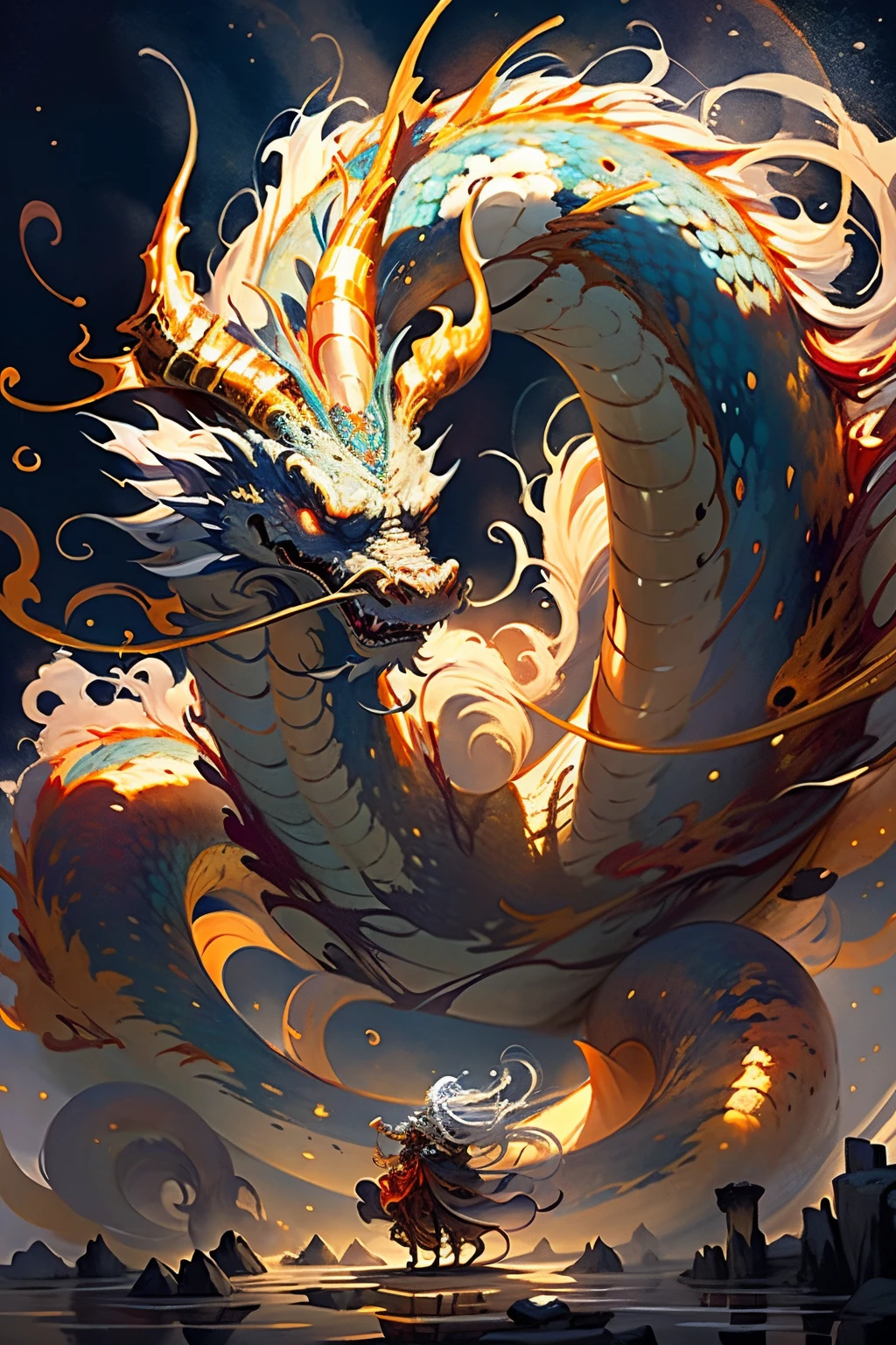 With a golden theme，Best quality，tmasterpiece，超高分辨率，Japanese dragon，Climb the sky、​​cloudaiyun、（desire big breasts：1.2），（finely：1.2），long whitr hair，dentes pontiagudos，red eyes，tusk，immensity，A bird，outside of house，The stands up，rolled in hops，Jumps，claudnia，from back，armure，sky sky，with her mouth open，faceoff，Accumulating power，Ogre，White hair，buliding，valleys，（The texture is real：1.2），（Glowing colorful scales：1.2），（Authentic details：1.2），north african free trade area，Ultra-detailed 3D modeling，like tim burton、dale chihuly、Xiaolongcheng、Cyril Rolland and Writer，Small etc.. Giger’s painting style is equally magical。Shadows and lights intertwine，produce great results。