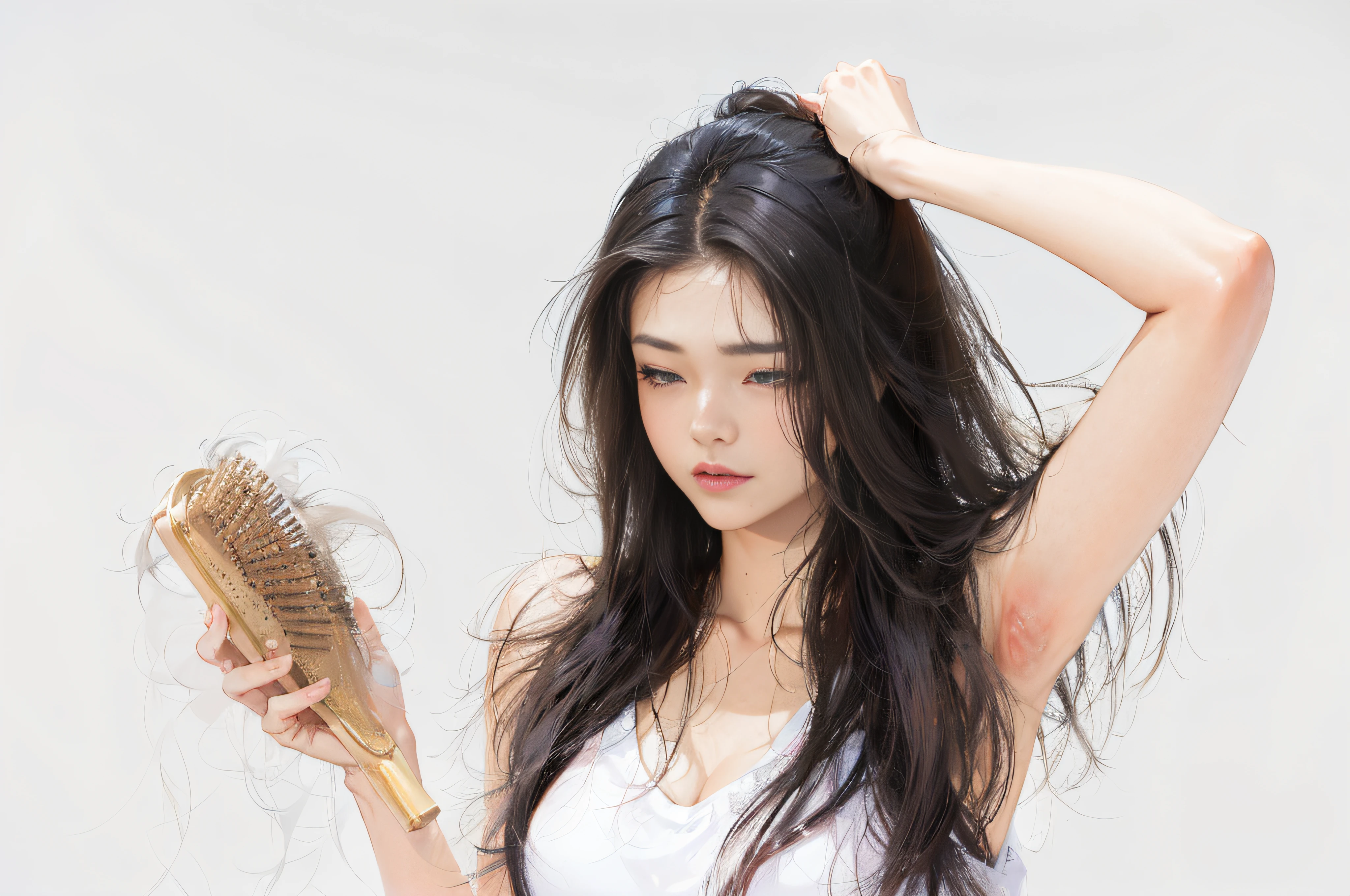Woman holding brush and comb in front of head, Thinning hair, straight, drying, damaged hair, bald, Asian girl with long hair, Hair covers the face, hair clump, hair over eye, the hair, blown hair,