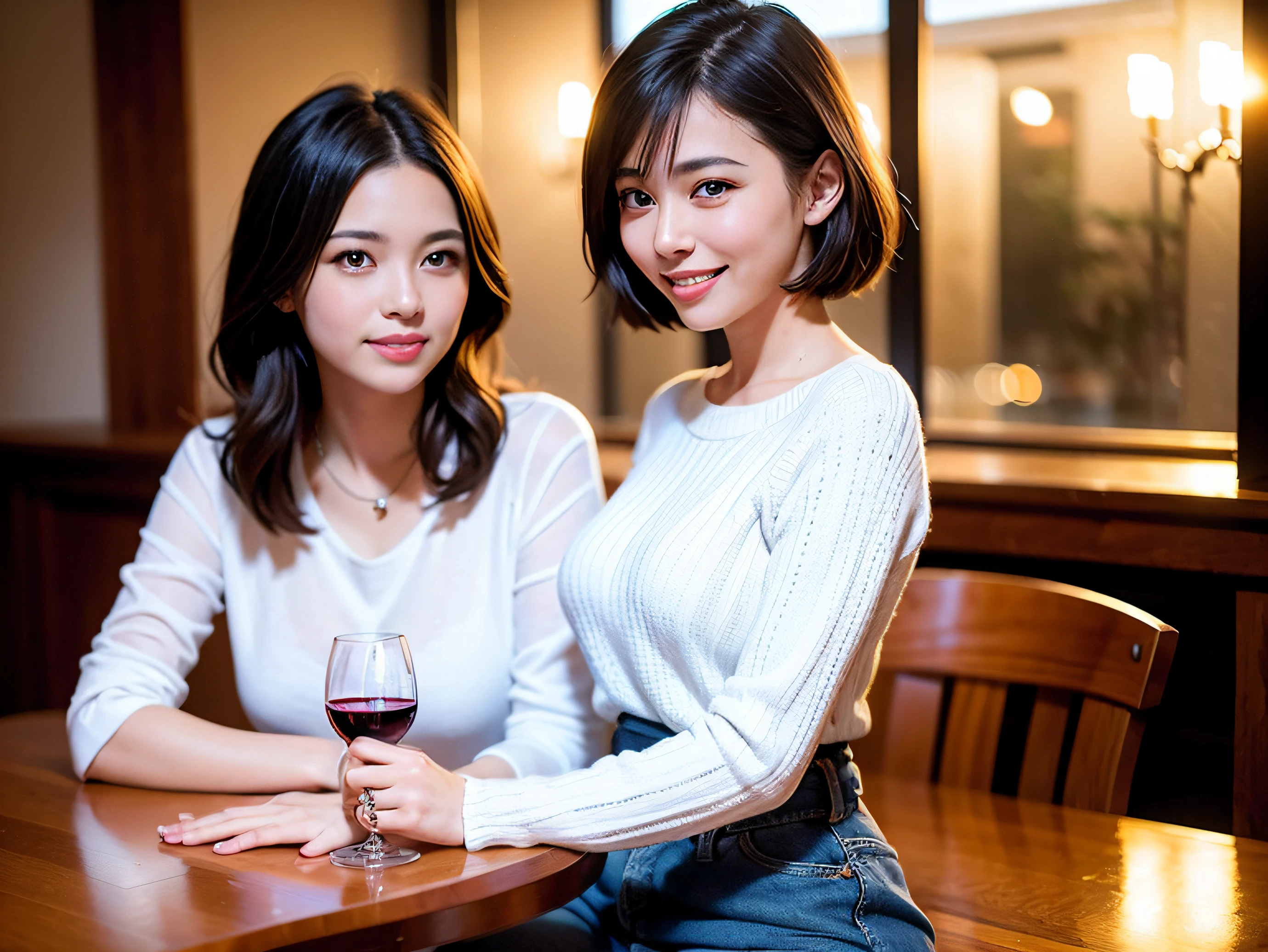 (64k uhd、nffsw、top-quality、masterpiece:1.2)、(realisitic、Photorealsitic:1.37)、ultra-detailliert、Lovely woman with a smile、wine glasses、enjoying a glass of wine、a matural female、Two beautiful women、(Slim Faces)、(Slim body)、(brawn hair)、(short-cut)、smiling french woman、happy italian girl、British woman、Americana、blush a little on the cheeks、(36-years old)、38 years、red wine、A beautiful and detailed night view spreads out outside the window..、resturant、Wine glasses in a prominent place、natta、(from waist up)、sitting on、date、(A smile:1.15)、Beautiful detailed eyes、Cashmere sweater、long-sleeved dresses、japanes、(short-hair:1.2)、Float NovaFrogStyle、、modeled、from waist up、white wine、Slimed、wine glasses、Super beautiful night view、Put the wine glass in the middle、Happy smile、(8K、Raw photography、top-quality、masterpiece:1.2)、(realisitic、Photorealsitic:1.37)、ultra-detailliert、超A high resolution、2 females、see the beholder、beautifull detailed face、A smile、Constriction、(Slim waist) :1.3)、knit shirt、Beautiful detailed skin、Skin Texture、floated hair、professional light needle breast、eyes gentle