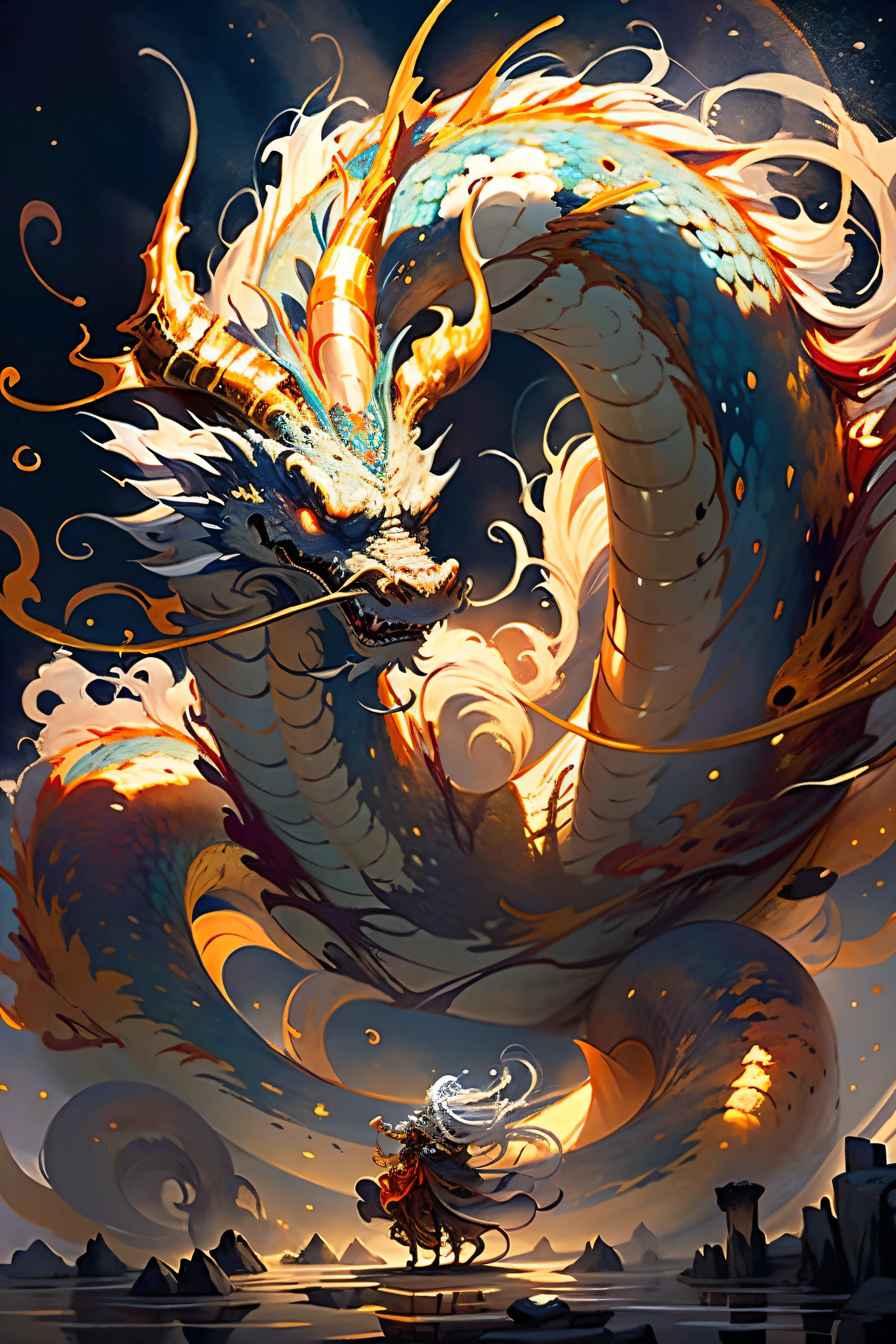 With a golden theme,Best quality at best,tmasterpiece,超高分辨率,Japanese dragon,Climb into the sky、Clouds clouds、(longing for big breasts:1.2),(finely:1.2),Long gray haing,red eyeucktooth,immensity,A bird,outside of house,Stood up,rolled in hops,jumpping,Claudia,from back,armour,sky sky,with her mouth open,faceoff,Gather strength,Ogre,White hair,buliding,vale,(The texture is very real:1.2),(Glowing colorful scales:1.2),(Real details:1.2),north african free trade area,Ultra-detailed 3D modeling,like tim burton、dale chihuly、Xiaolongcheng、Cyril Rolland and Writer,Small etc.. Giger’s painting style is equally magical。Light and shadow intertwined,produce great results。
