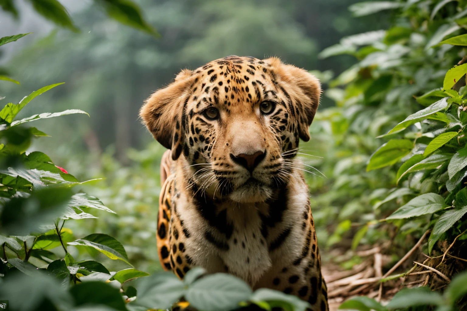 close up photo of a retriever-jaguar, jungle, haze, halation, bloom, dramatic atmosphere, centred, rule of thirds, 200mm 1.4f macro shot, Nat Geo inspired