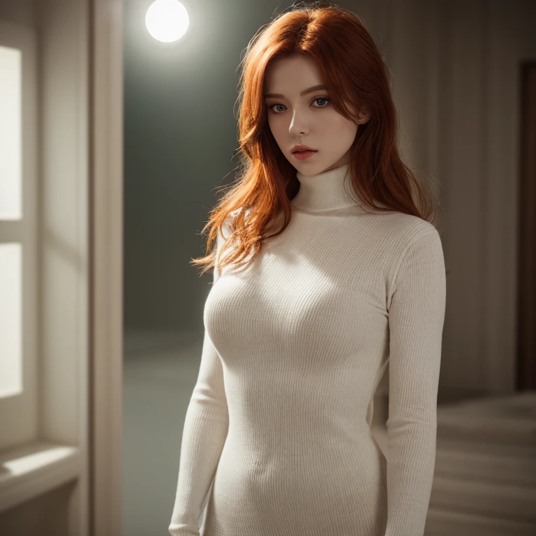 Redhead, full lips, modelesque figure, green eyes, full body, cinematic lighting, white turtleneck