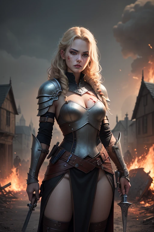 (((obra-prima))), melhor qualidade, uma mulher guerreira com vestimenta de guerreira, cabelos longos e escuros, olhos penetrantes, rosto marcante, epic battle environment, lighting dramatic, detalhes realistas, fearless expression.