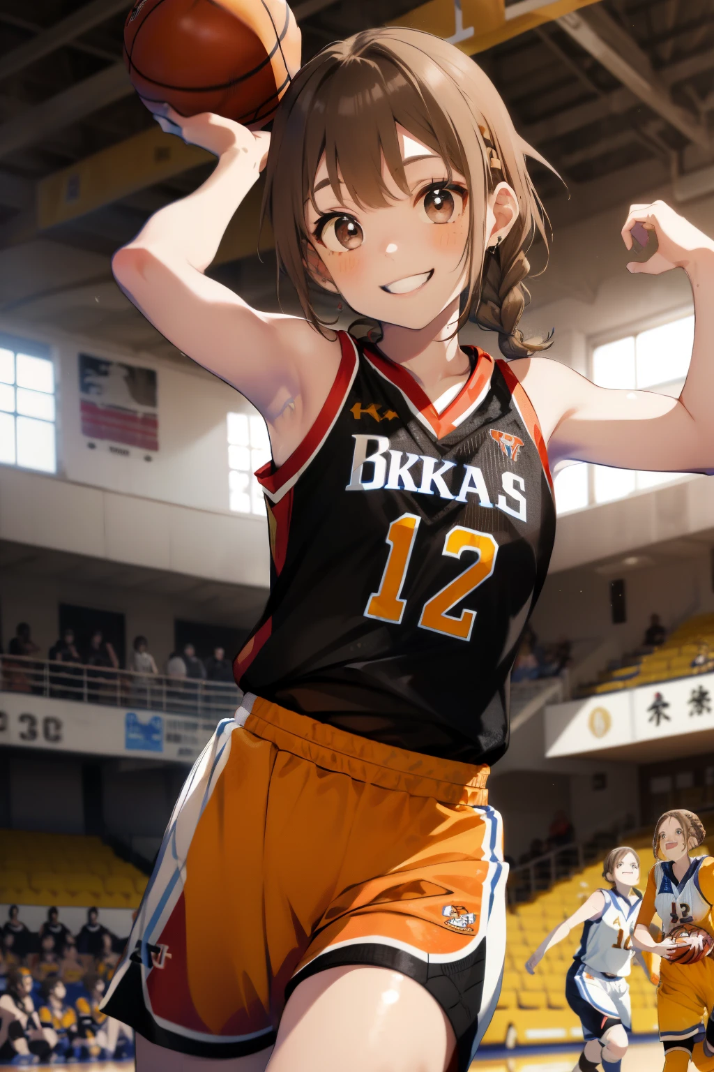 ((Pale brown hair)),((Braided shorthair)),((With black eyes)),Slight red tide,(Basketball Uniforms:1.5),Indoor basketball court,Happy smile,(Black and yellow uniform:1.05),(Lively gymnasium:1.2),(kindly smile:1.25),(active movement:1.2),