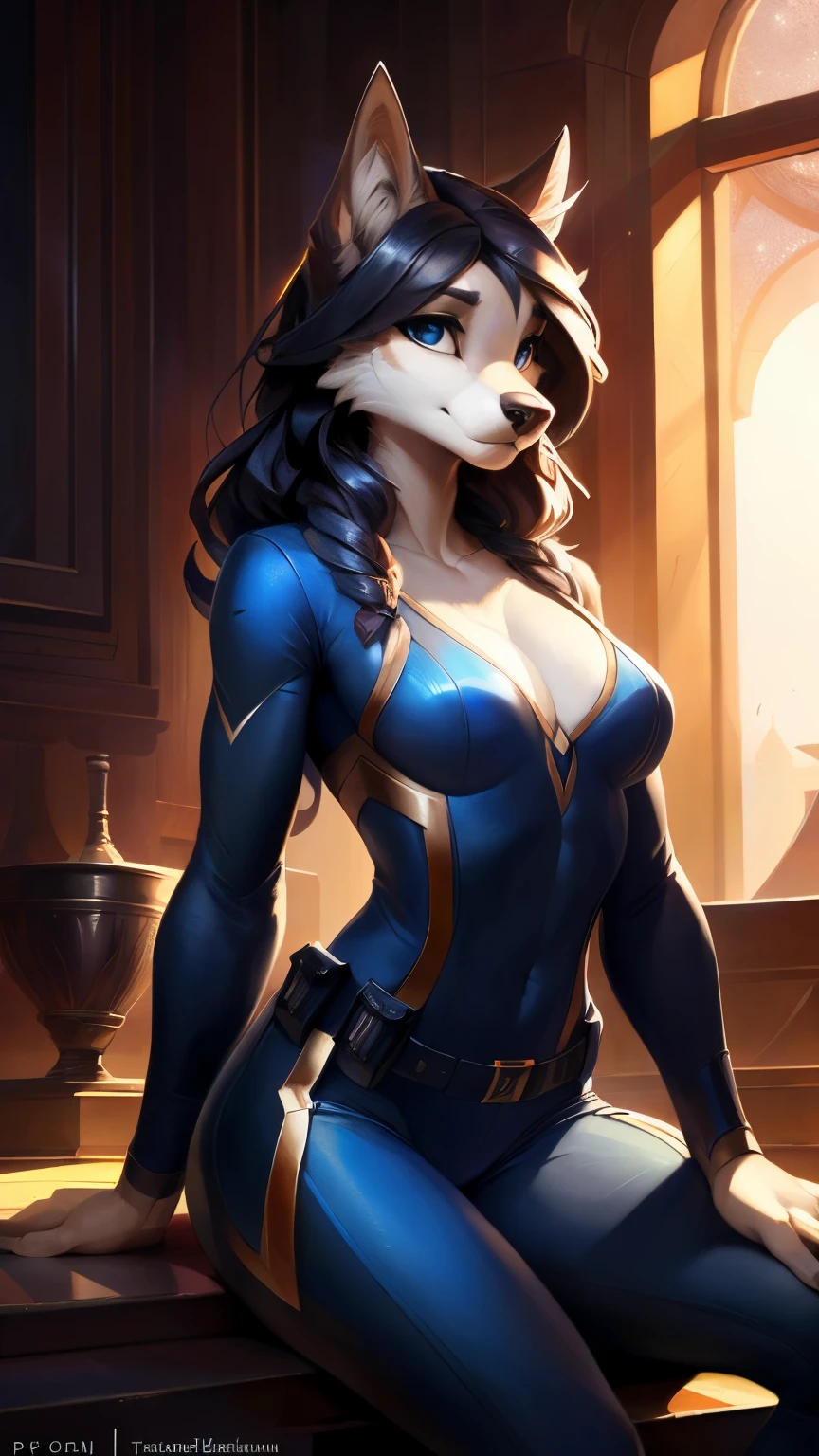 4k, high resolution, best quality, masterpiece, perfect colors, perfect shadows, beautiful and detailed portrait of a (((feminine))), perfect lighting, posted on e621, (by Chunie, by Einshelm), furry, anthro, furry art, ((portrait)), Female fox, red fox, (two-toned fur), furry body black legs from foot to knee,fluffy, fluffy tail, body fur, animal nose,chin fluff, muzzle, Mane,Big fluffy chest tuft, big fluffy neck tuft,fluffy neck, fluffy chest, Lots of fluff, Beautiful brown eyes, fit body, perfect masculine body, detailed fur, detailed face, ((Bonifasko lighting)), fox tail, (detailed eyes), perfect pupils, Tall, brown long hair, Brown long messy hair, Wide hips, big legs, (B cup breasts), (Fluffy neck), Huge Fox tail, Arms white, (deep v dress), Standing