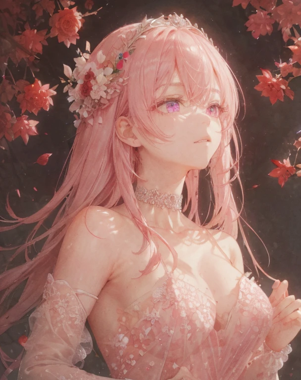 (masterpiece、top-quality、2People Girls、intricate detailes、chromatic abberation)、realisitic、((Medium Breath))、length hair、A pink-haired、Red headdress、Pink Highlights、Hair above one eye、a purple eye、耳环、sharp eye、a choker、beautiful white and pink dress、the flower crown、(symmetrical eye)、(perfect symmetrical body)、in woods、Dim lighting、Watch your audience。The camera is、With rich detail and vibrant colors、Capture scenes in highest quality resolution。Another shot、Leaves waving in the wind and withered roses are scattered、Shows a rich and colorful background。The balance between lighting and shadow is exquisite.、Creates a stunning visual effect。This shot is、A true masterpiece with endless details and the perfect blend of beauty and darkness。