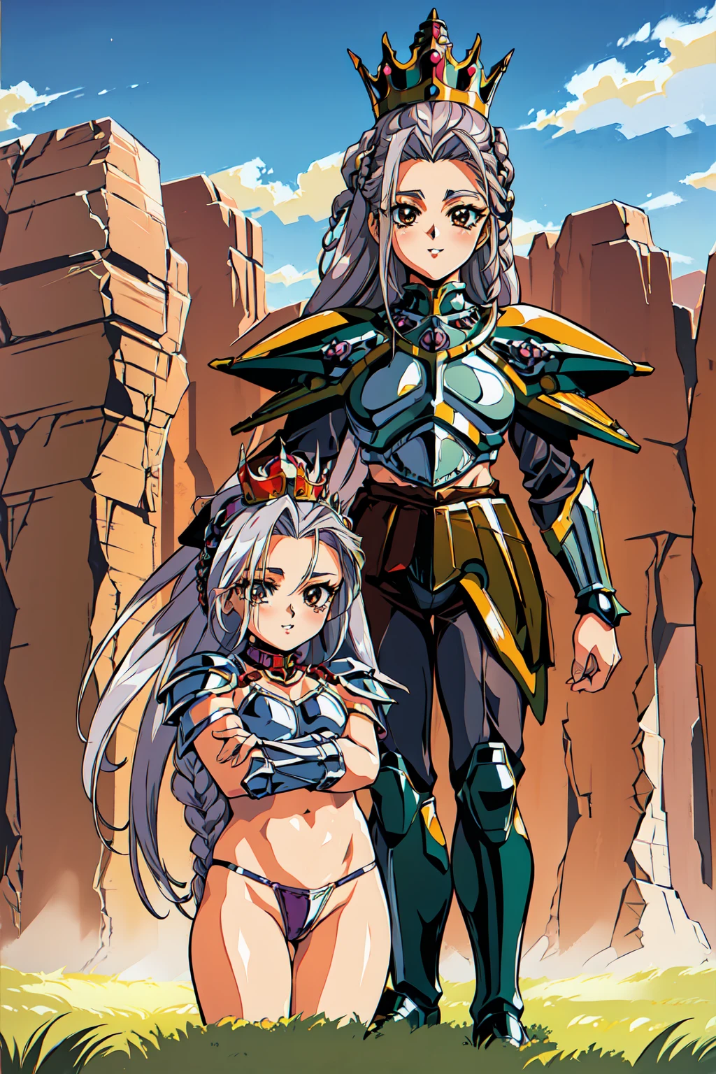 "(masterpiece:1.1), best quality,
1girl, (80s anime style:1.3), (eyelashes:1.5), (loli:1.2),
(intricate high detailed body:1.2),
(silver hair:1.1), (forehead, hair slicked back:1.2), (long hair, french braid:1.1), (crown:1.2),
brown eyes, (lip stick:1.3), (thick eyebrows:1.1),
(large breasts:1.1),
(grin:1.2),
(see-through bikini armor:1.2),
(spiked knight armor, armored boots:1.2), (frill:1.1), (streaked hair:1.2), collar,
standing, crossed arms,
(upper body, cowboy shot, looking at viewer, from front:1.1),
(daytime, grassland, outdoors:1.1)"