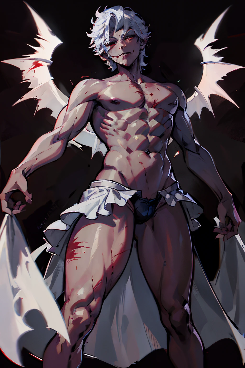 Astarion from Baldur's Gate 3, muscular male, vampire, shirtless, blood coming out of mouth, fangs, blank background, no background, full body, high res, best quality, ultrasharp, 8K, masterpiece