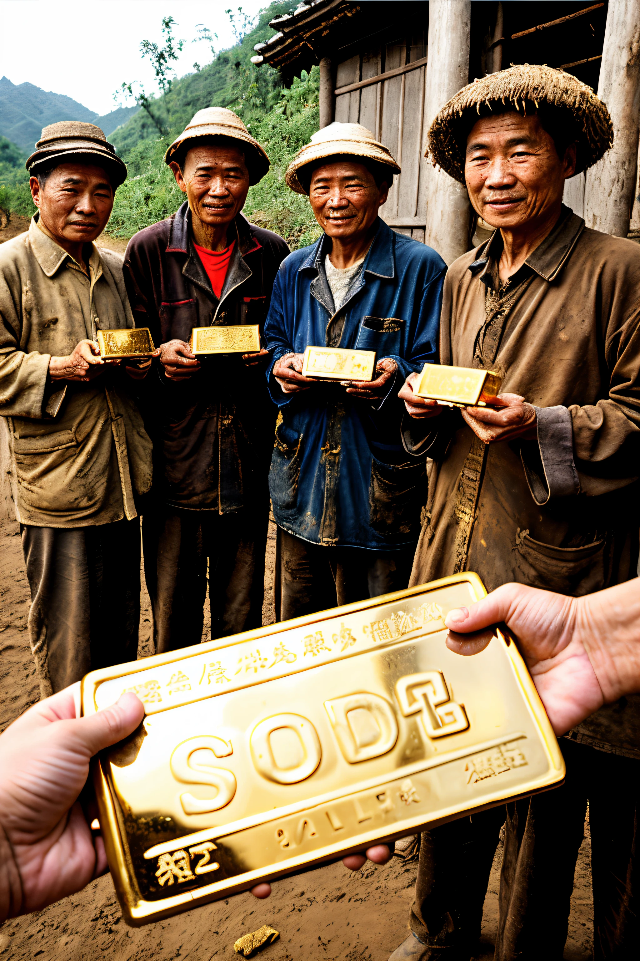 A group of old Chinese farmers wearing dirty and torn clothes holding gold bars in their hands。The environment is dirty,Everyone is happy and tall,Perfect facial features,Perfect hands,超高分辨率
