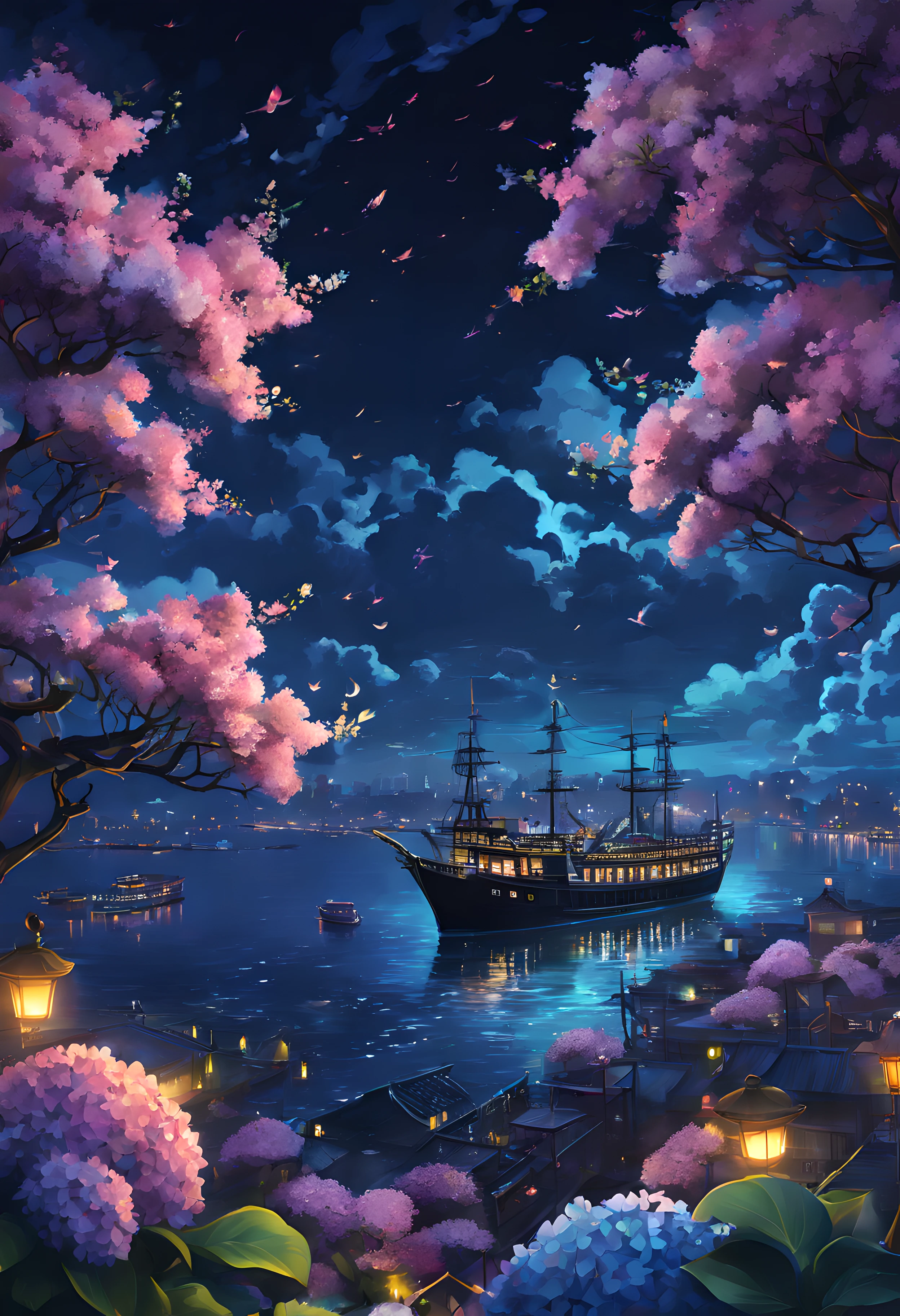 A painting of a boat floating in the water near a tree - SeaArt AI