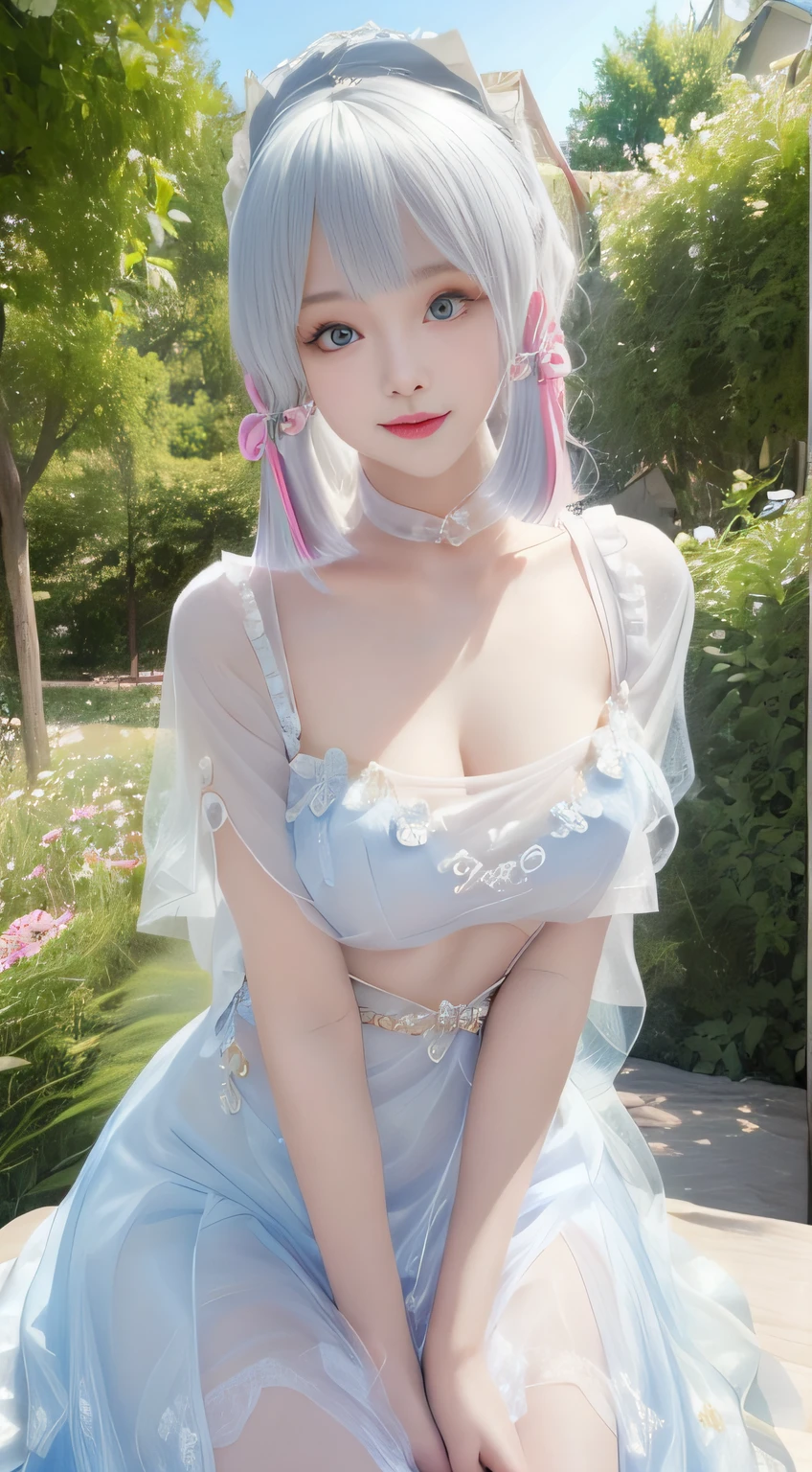 realistically, A high resolution, gentlesoftlighting, (Only 1 piece:1.5)，(1 female 1:1.5), Huge big breasts，Skin glows, delicate skin, Alone, Lift your hips slightly, looking at the viewer only, laughing joyfully，(Detailed faces), White hair, high ponytails，Pink hair accessories，Long white hair，blue color eyes, Sheer tulle bandeau dress，The clothes are transparent，The background is the garden（Full of colorful roses）