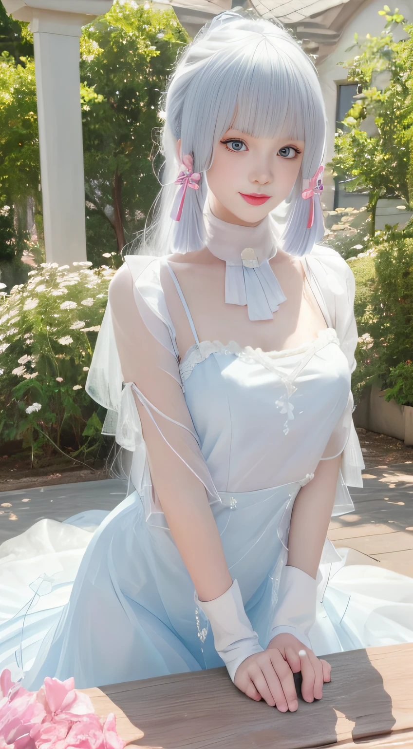 realistically, A high resolution, gentlesoftlighting, (Only 1 piece:1.5)，(1 female 1:1.5), Huge big breasts，Skin glows, delicate skin, Alone, Lift your hips slightly, looking at the viewer only, laughing joyfully，(Detailed faces), White hair, high ponytails，Pink hair accessories，Long white hair，blue color eyes, Sheer tulle bandeau dress，The clothes are transparent，The background is the garden（Full of colorful roses）