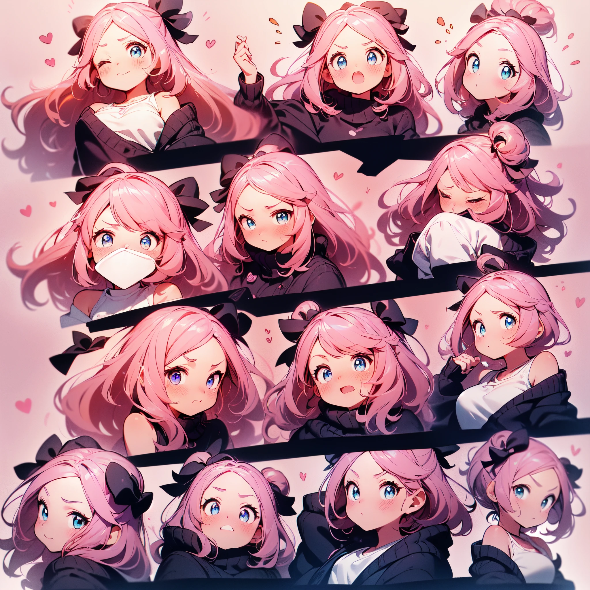 Masterpiece, best quality, emoji pack，emoji sheet,  bangs, bare shoulder,((blue eyes)), blush, breasts, hair ribbon,  heart, large breasts, looking at viewer, medium hair, one eye closed, (pink hair:1.4), ribbon, shirt, sleeveless shirt,  upper body, virtual youtuber, white shirt