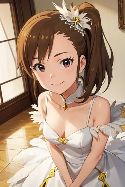 High quality, solo, 1girl, mami futami, sidetail, looking at viewer, smile, feathers, fairytale, wedding