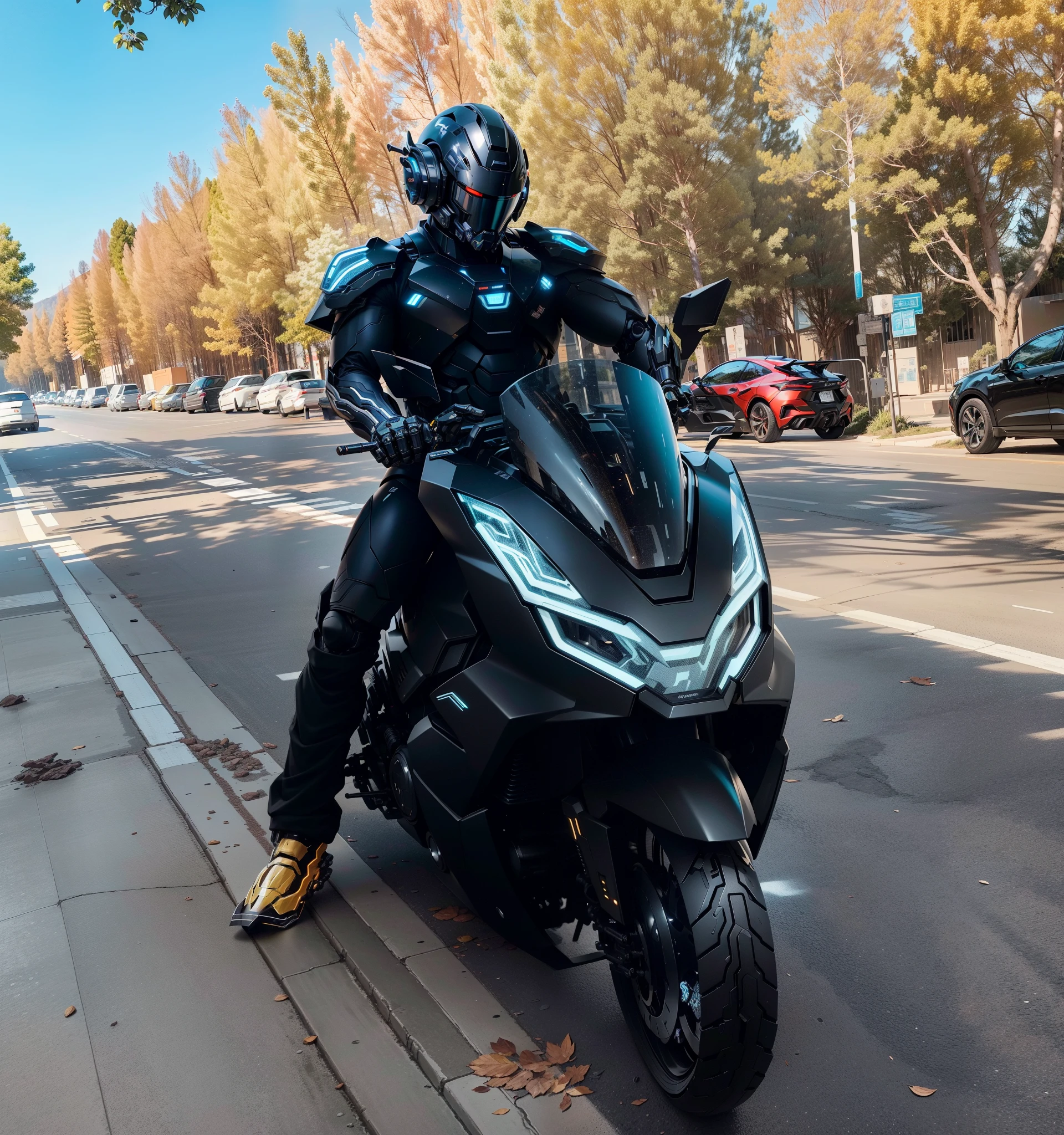 Handsome black mecha cyber warrior,Information mechanical motorcycle,High-tech black full enveloping helmet,Noor, Biomechanical SHN Robot Man,High-tech helmet,hyper realisitc, steel, Complex design, Very detailed very detailed, The lines are extremely clear, 电影灯光, Live photos, A Detailed Masterpiece