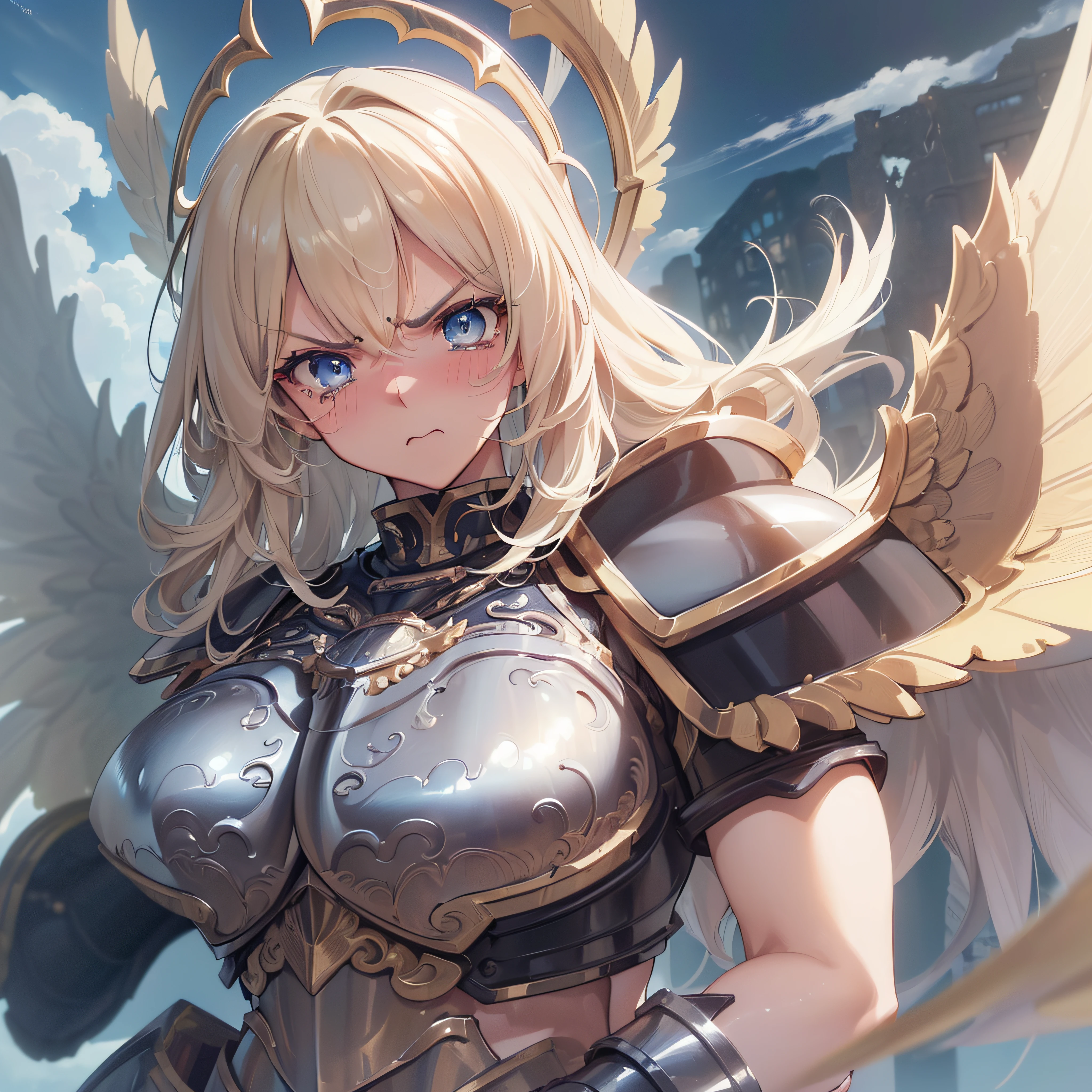 ((Ultra-detailed)), (top-quality),((masutepiece)), ((Super exciting)), ((8K)), ((1080p)), ((extremely clear)), ((Very sophisticated)), ((Anime Graphics)), ((Anime quality)), ((Anime Illustration)), ((Upper lighting)), ((Glowing skin)), ((gleaming)), ((shiny-glistening)), ((。.3D)), ((Upper body portrait)), ((Perfect Anatomy)), (((Solo)), ((valkyrie))),, (Detailed face description), (Detailed fabric description), ((gigantic wing:1.5), (muscular body), (Huge boobs:1.5), (((Beautiful breasts)), (Plump body)), ((a blond), (Long hair), (Straight hair), (Ahoge)), (hairaccessories), (((Blue eyes), (slanted eye), ((anime quality eyes)), ((Detailed eye description)), (thin eyeliner), ((anime quality eyes)), ((long eyelashes)), ((Thin eyebrows)), (Tears)), ((plate armor:1.5)), ((Heavenly sky background), (cumulonimbus clouds), (Storm)), ((Look down), (Look at viewers)), ((looks scary), (angry), ((Ashamed)), (blush), (closes mouth)),