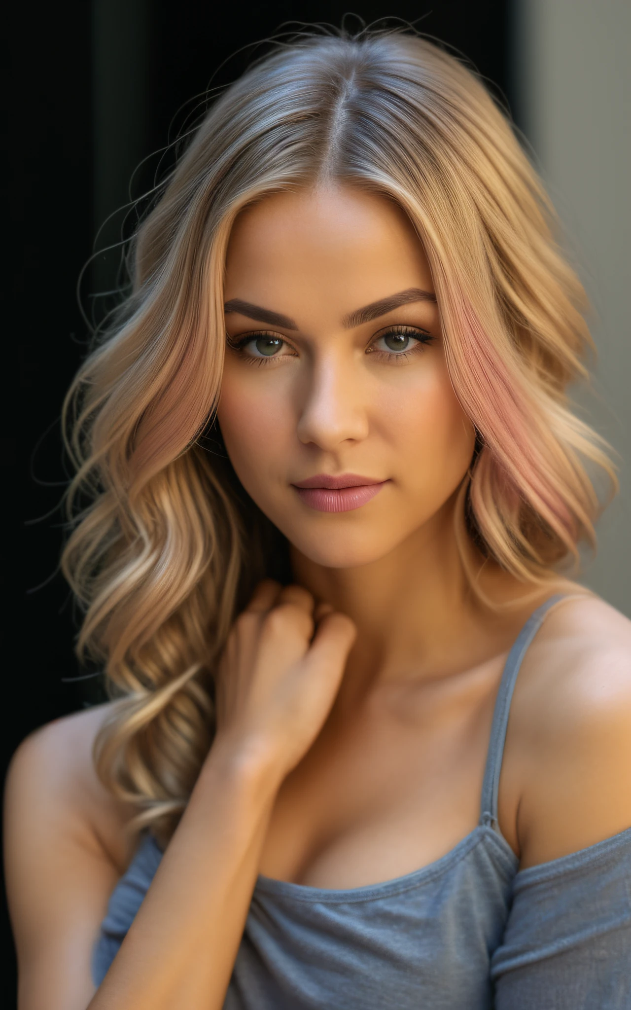 Physical Attributes:

Complexion: Light skin tone (Value: 2 on a scale of 1 to 10, where 1 is very fair and 10 is deep)
Hair Color: Pink (Value: RGB code for the specific pink shade, e.g., [255, 192, 203])
Hair Length: Shoulder-length (Value: 30 cm, assuming an average shoulder length)
Hair Texture: Wavy (Value: 3 on a scale of 1 to 5, where 1 is straight and 5 is tightly coiled)
Eyebrows: Well-defined (Thickness Value: 0.5 cm)
Pose:

Body Language: Relaxed (Value: 3 on a scale of 1 to 5, where 1 is tense and 5 is very relaxed)
Facial Expression: Neutral (Value: 5 on a scale of 1 to 10, where 1 is very sad and 10 is very happy)
Hand Placement: Raised to hair (Value: 15 cm above the head)
Apparel:

Clothing Type: Tank top (Value: 1, as a categorical variable where 1 represents a tank top)
Clothing Color: Black (Value: RGB code [0, 0, 0])
Lighting and Mood:

Lighting: Soft (Intensity Value: 200 lux, which is common for indoor ambient lighting)
Shadows: Minimal (Value: 10% shadow coverage on the face)
Background:

Color: Neutral, light (Value: RGB code for the background color, e.g., [240, 240, 240])
Texture: Plain (Value: 0, representing no texture)
Photographic Quality:

Resolution: High (Value: 300 dpi, which is standard for high-resolution images)
Clarity: Clear (Sharpness Value: 90 on a scale of 0 to 100)