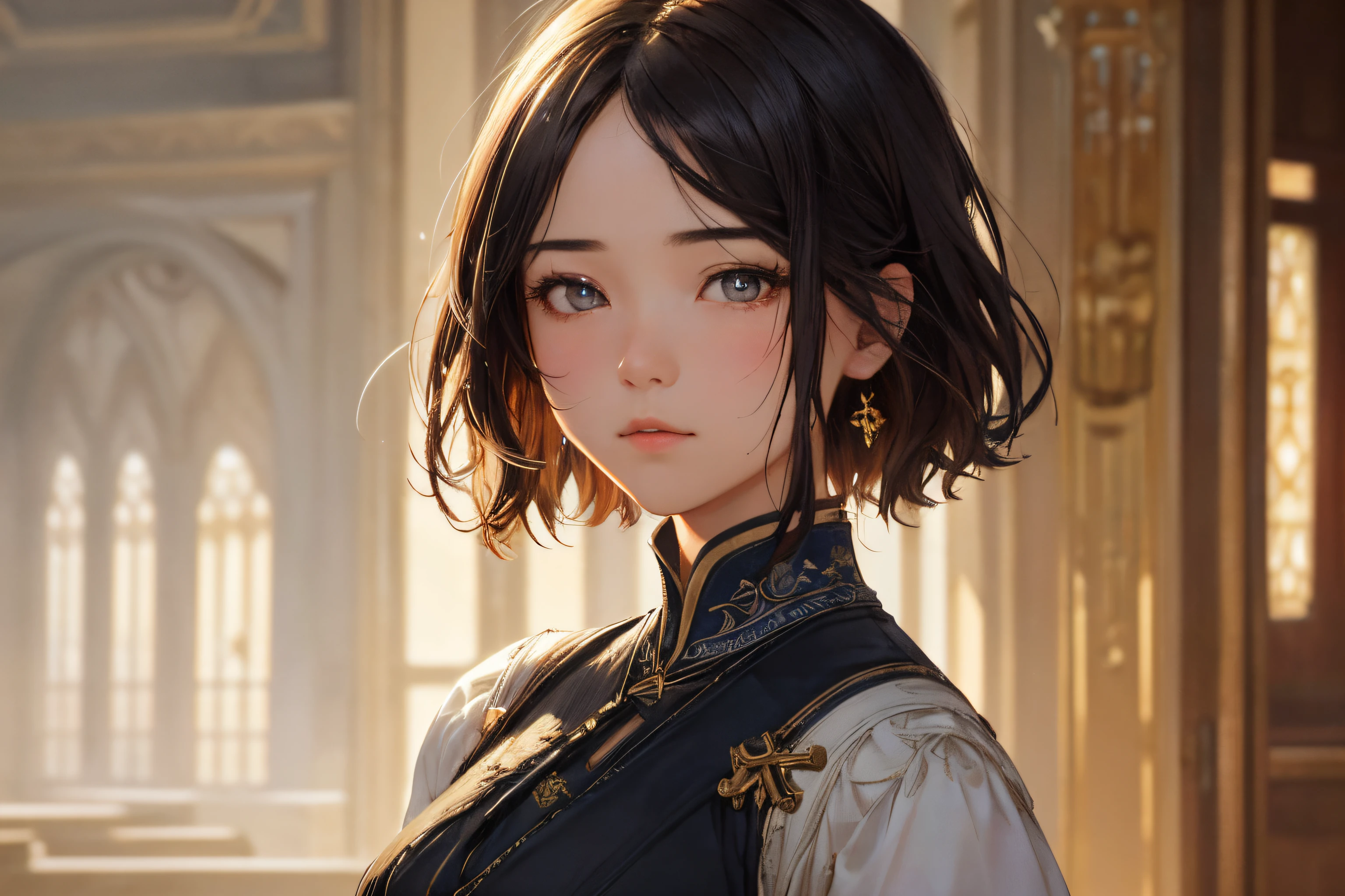 1girl in, (((shorth hair))), jugendstil,(​masterpiece, top-quality, Near and far law, depth of fields:1.5), beautiful countenance, 8k, Raw foto, HDR, Photorealsitic, film grains, chromatic abberation, hight resolution, ultra-detailliert, finely detail, 动态照明, Dramatic lighting、shadowy、extremely detailed eye and face、Round pupils、Realistic pupils、clean back ground