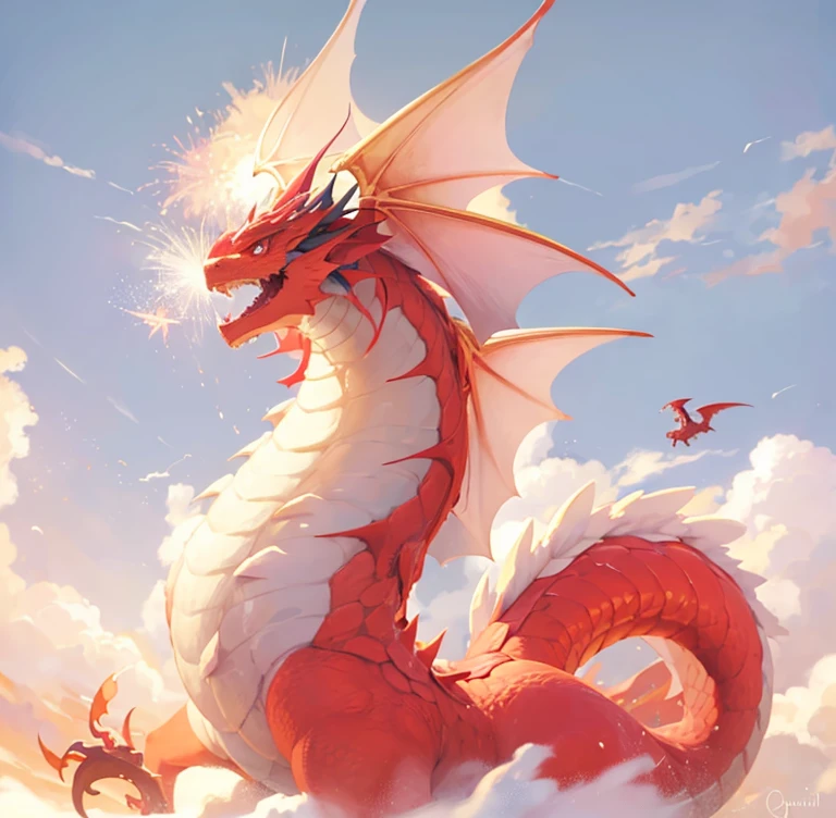 masterpiece, best quality, a red dragon with yellow wings flying through the sky with fireworks in the background and a blue sky with clouds, Fan Qi, dragon art, an airbrush painting, pop surrealism