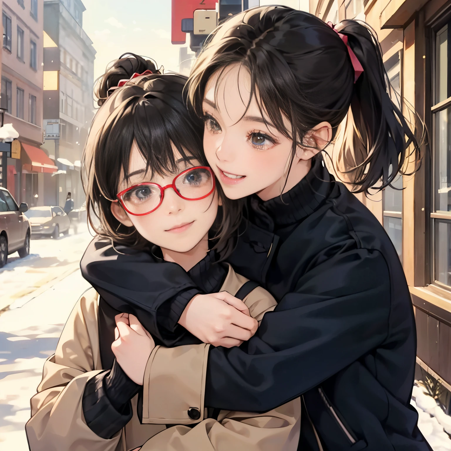 Very cute elementary school sisters are hugging each other and looking at us with smiles,my sister has hair in a black ponytail,My sister has short brown hair and wears glasses..,Looks fun,tre anatomically correct,Cheek slid,Casual winter attire,In the winter park,photorealisim,​masterpiece.