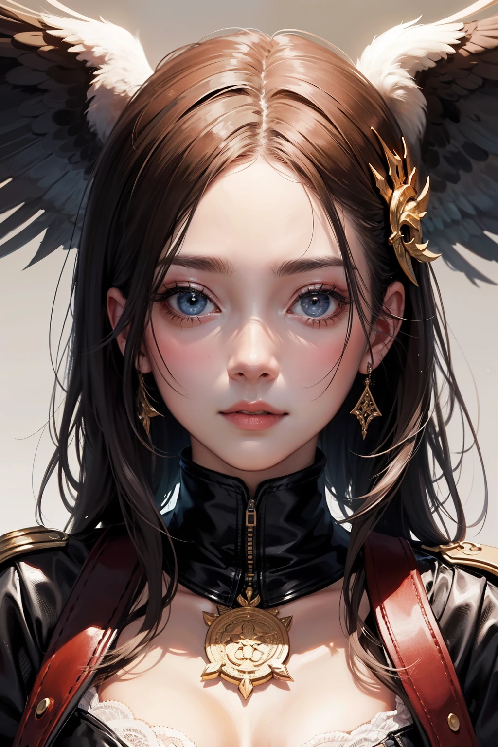 s the perfect face,mid - length hair、to the shoulder、Biaig eyes、with a round face、Slightly curling eagle party emblem Great Wall