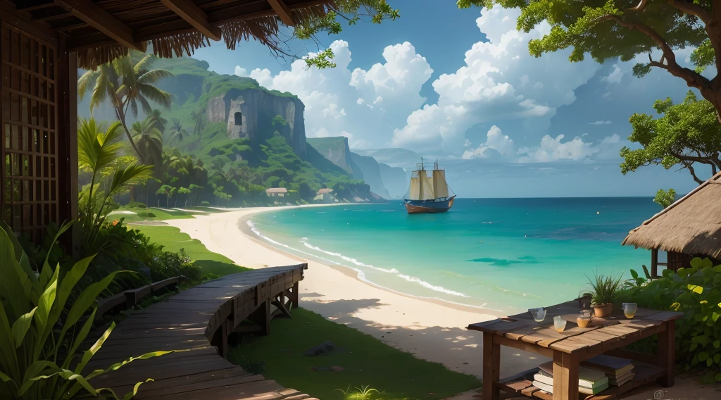 West Africa, daytime, wooden dock house, either Senegal or Abidjan or Gulf of Guinea or west africa coastal, trunk, stones, open space, background is coast, 15th century, ancient, barbarian, primitive culture, grass roof, grass wall, no man no girl ,no woman, no boy, no people, no human ,wallpaper