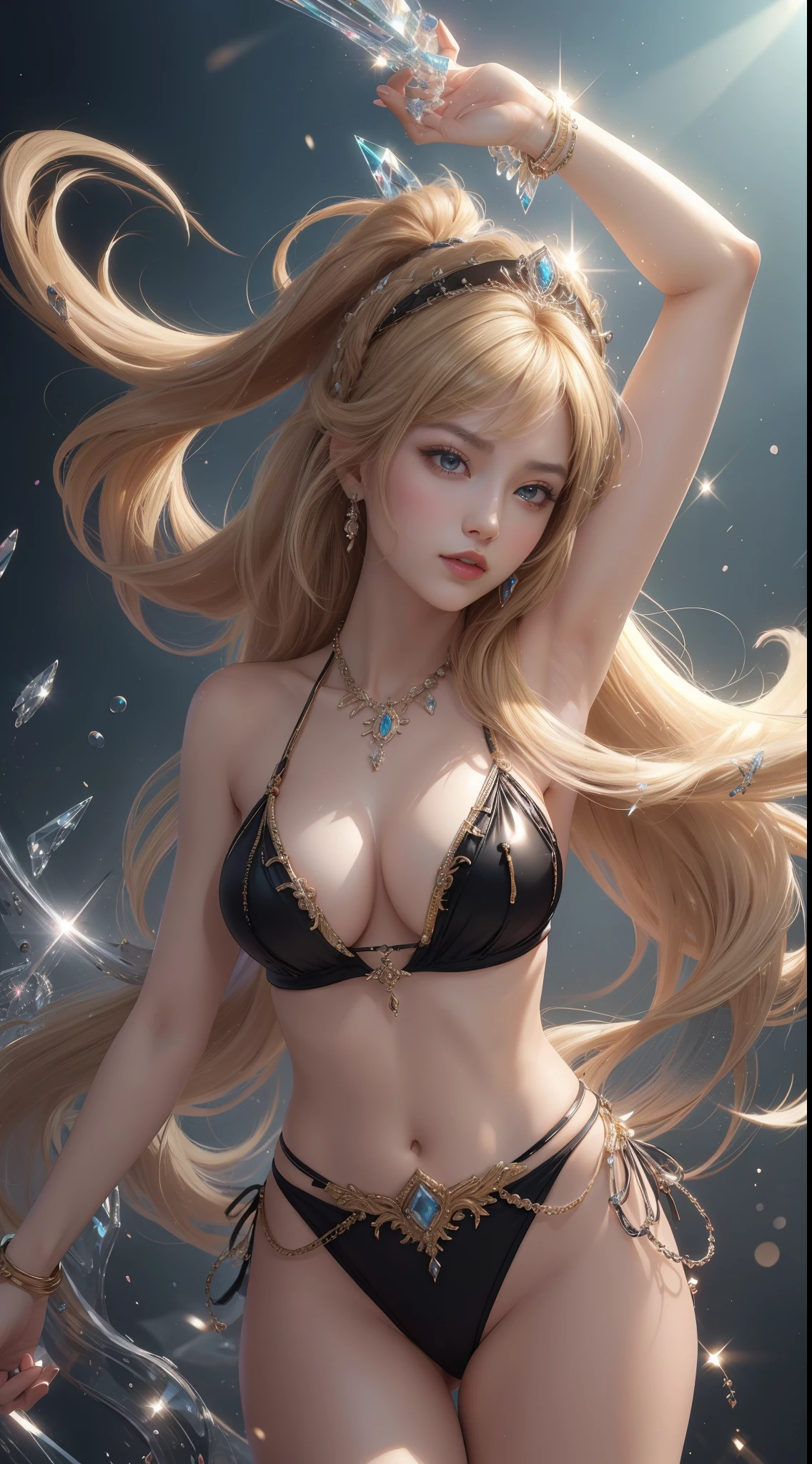 tmasterpiece，Highest image quality，Beautiful bust of noble western dance，Sophisticated black and blonde hairstyle，A dazzling array of exquisitely bejeweled bikini dance suits，Ultra-detailed details，advanced。At the Pixiv Art Station，Break your own power，，Obscenity exposed，R-18G