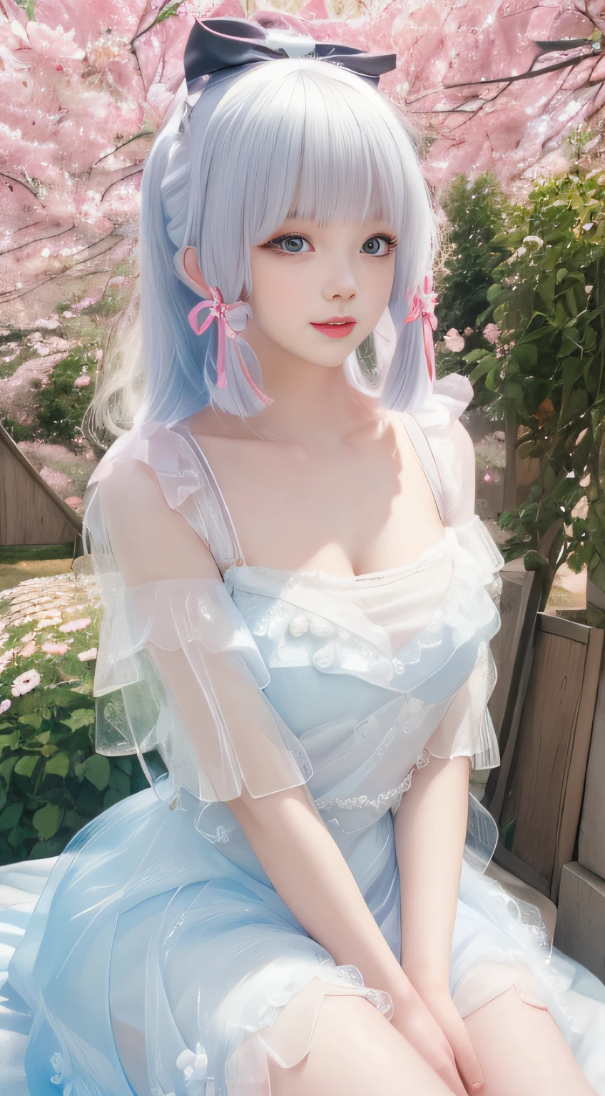 realistically, A high resolution, gentlesoftlighting, (Only 1 piece:1.5)，(1 female 1:1.5), Huge big breasts，Skin glows, delicate skin, Alone, sitting among rose bushes，Lift your hips slightly, looking at the viewer only, laughing joyfully，(Detailed faces), White hair, high ponytails，Pink hair accessories，Long white hair，blue color eyes, Sheer tulle bandeau dress，The clothes are transparent，The background is the garden（Full of colorful roses）