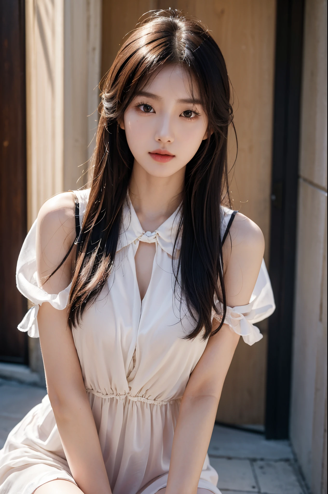1girl, korean kpop idol and model ,23 years old,soft body, fair skin,close-up, 8k, RAW photo, best quality, masterpiece,realistic, photo-realistic,cute, washington street, summer ,soft light, High image quality, chiffon dress, ribbon tie ,mix2